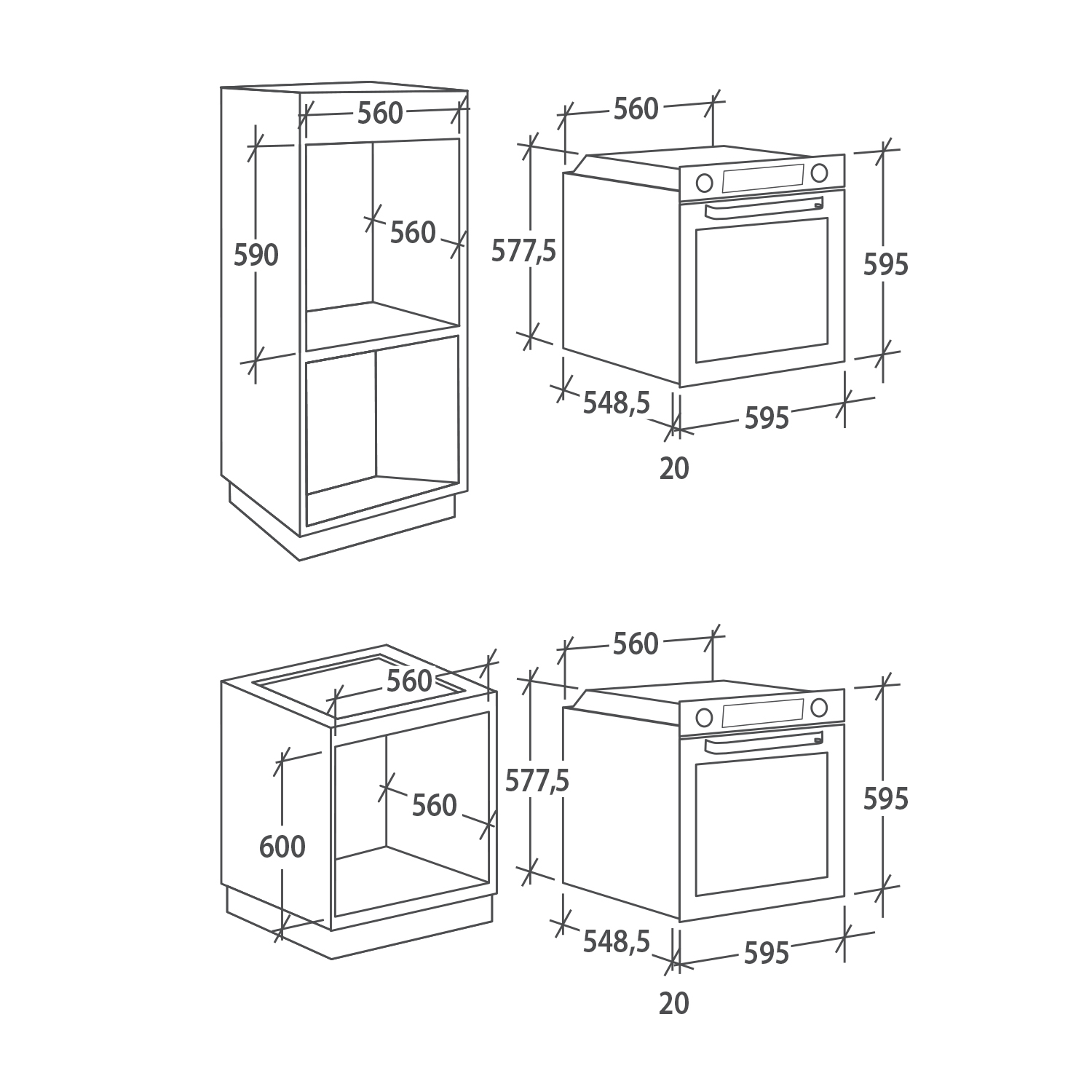 Disegno tecnico di un mobile da incasso e di un forno con dimensioni.