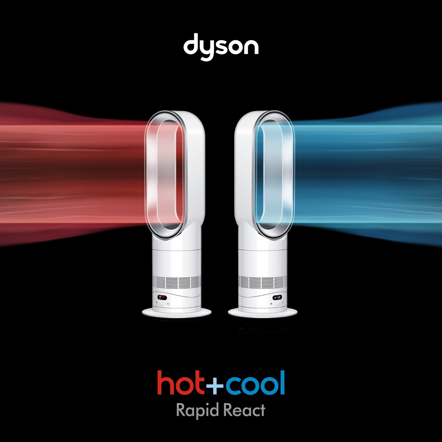 Due ventilatori Dyson, uno soffia aria rossa, l'altro blu.
