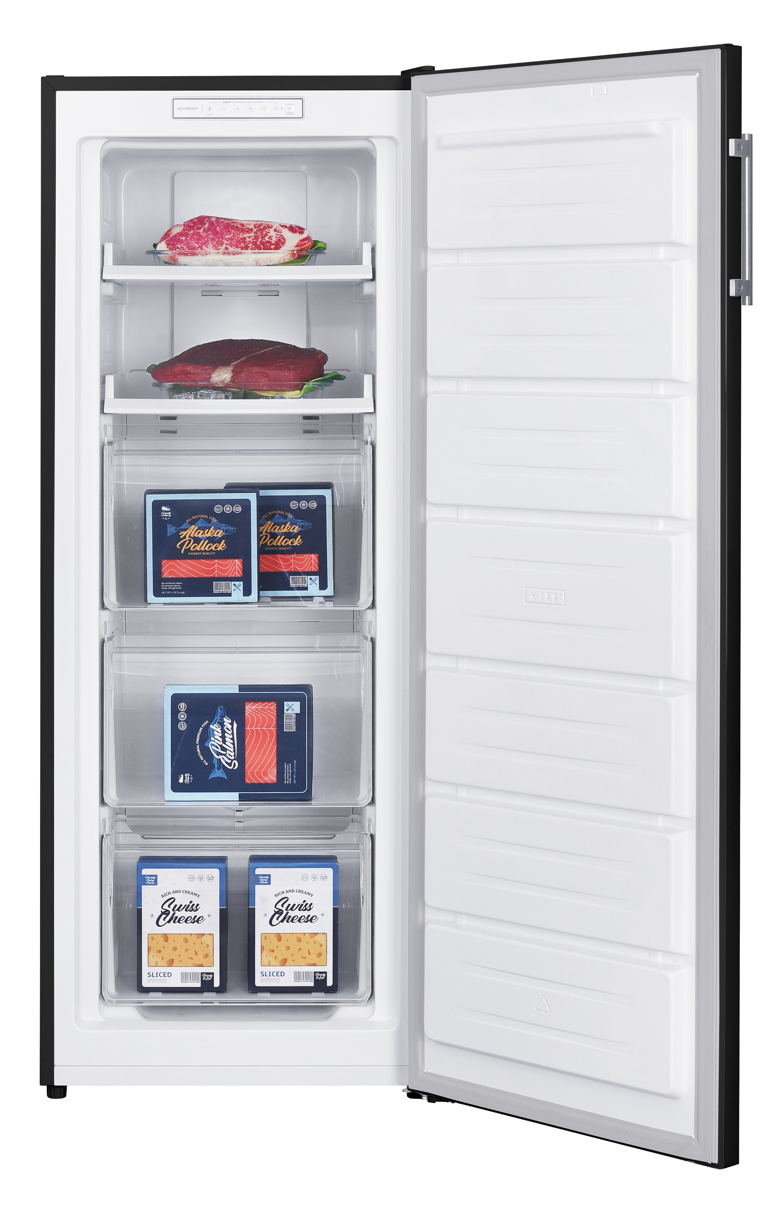Ein aufgetauter Gefrierschrank mit Fleisch, Fisch und Käse.