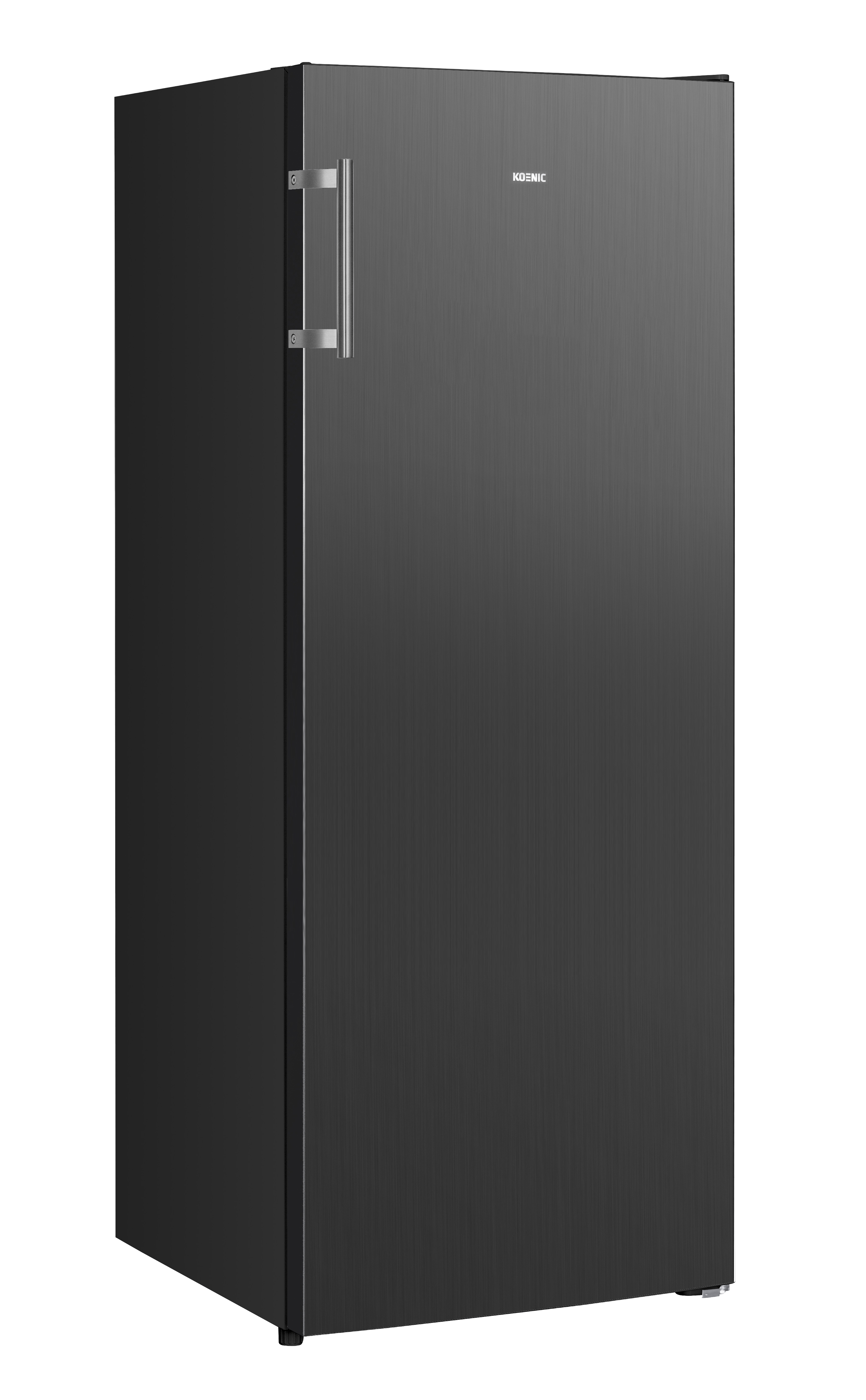 Ein schmaler, dunkler Kühlschrank mit silbernem Griff.