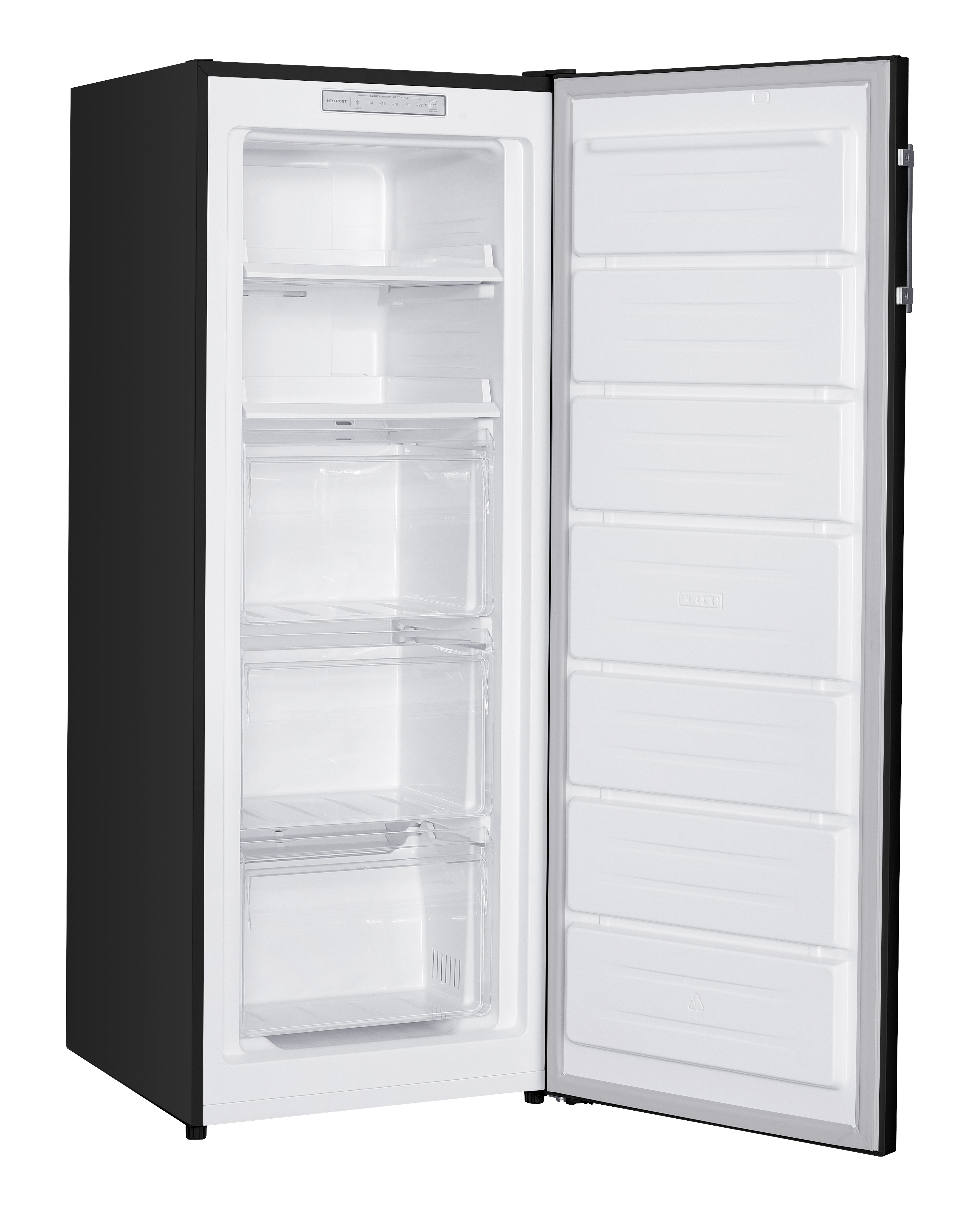 Ein offener schwarzer Kühlschrank mit weißen Einlegeböden und Schubladen.