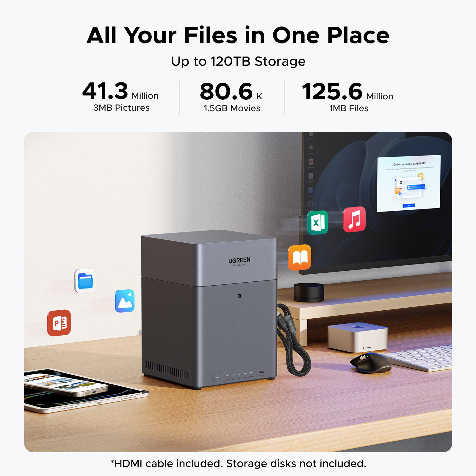Ein NAS-Gerät von UGREEN mit Speicherkapazitätsangaben und App-Symbolen.