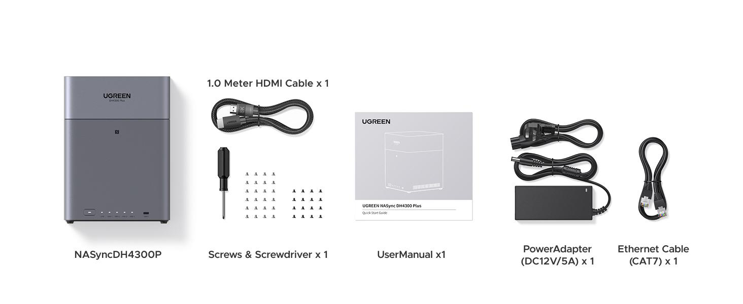UGREEN NASync DH4300P, HDMI-Kabel, Schrauben, Handbuch, Netzteil, Ethernet-Kabel.