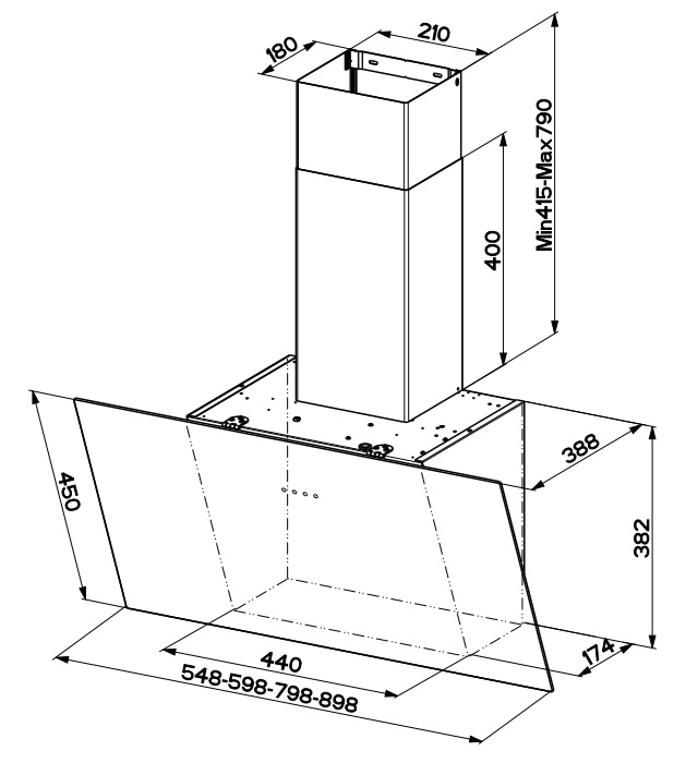 Rysunek techniczny okapu kuchennego z wymiarami.