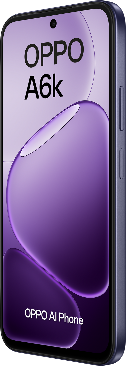 Smartphone OPPO A6k morado con diseño de burbujas y cámara frontal.