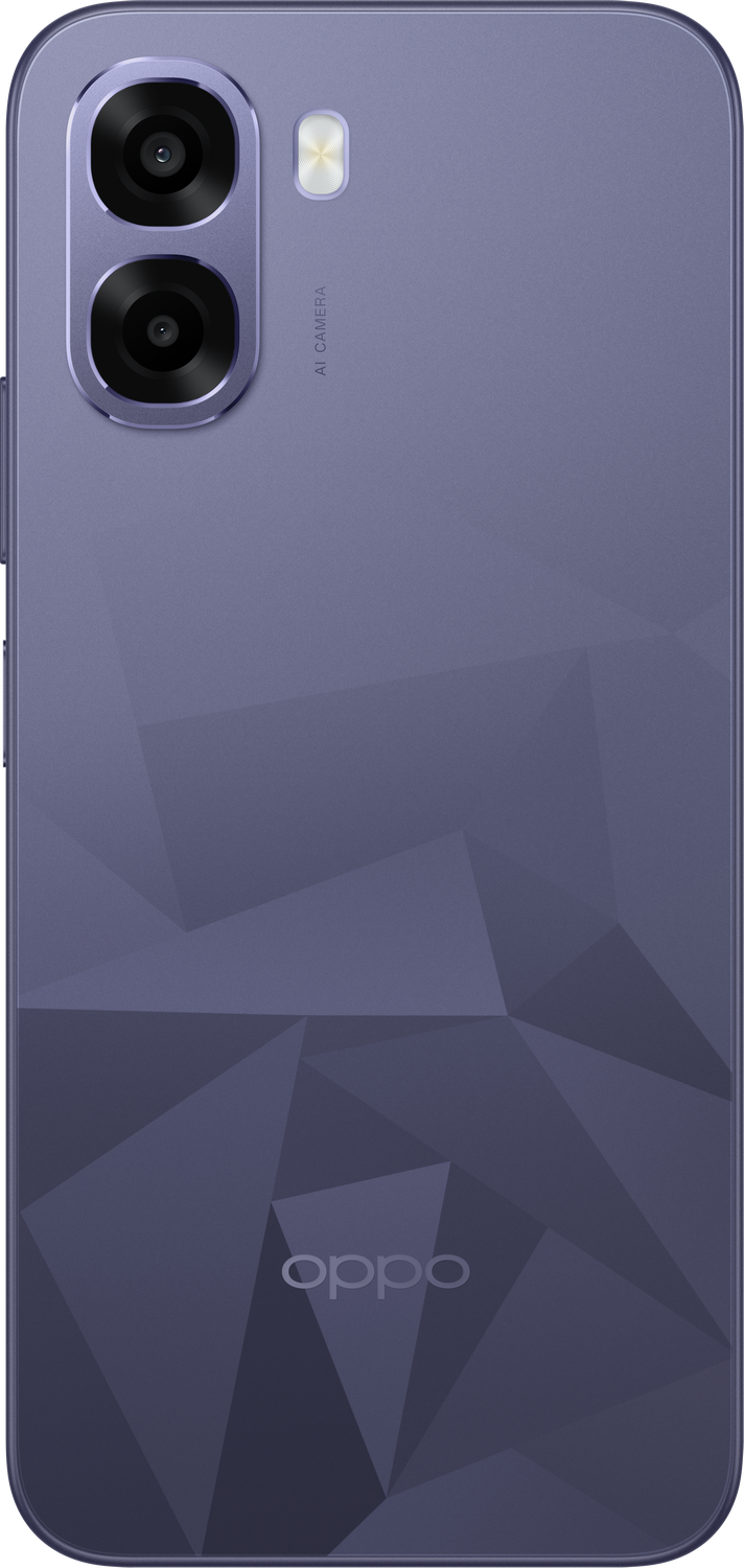 Parte trasera de un teléfono morado con dos cámaras y un logo de Oppo.