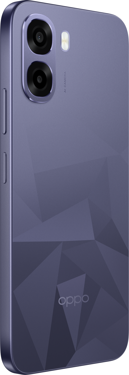 Smartphone OPPO morado con patrón geométrico y doble cámara.