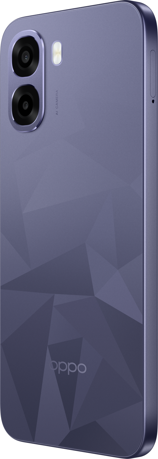 Funda trasera morada de móvil con patrón geométrico y doble cámara.