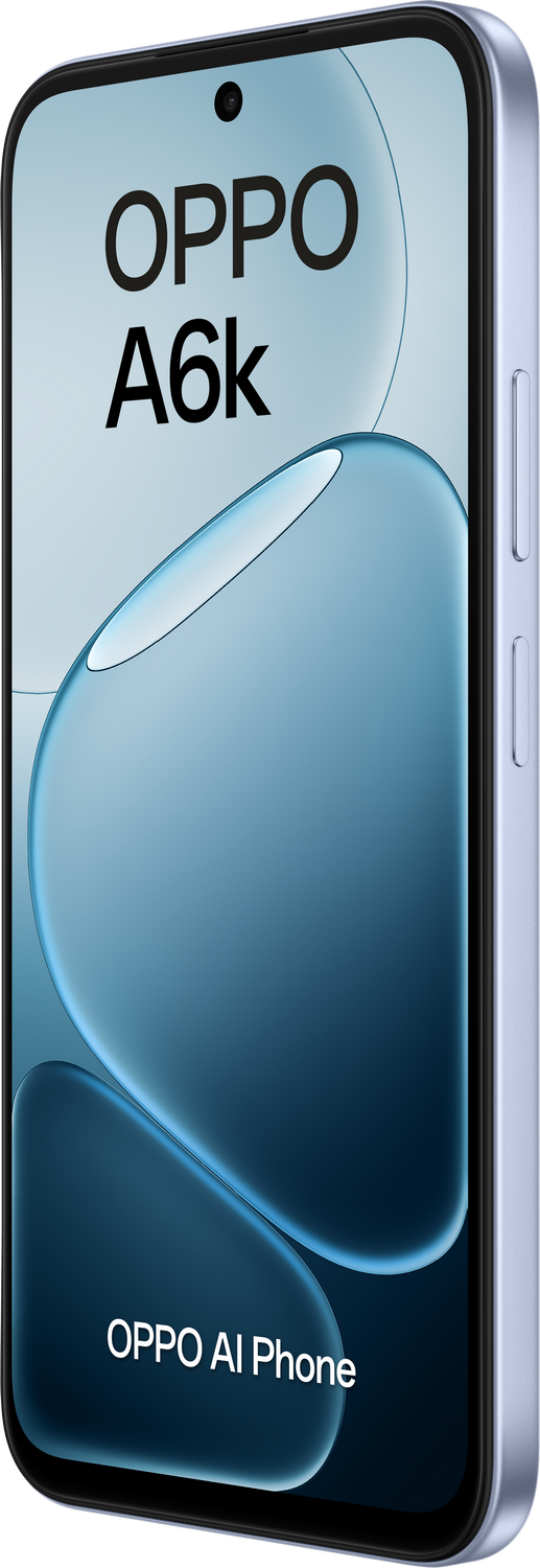 Un teléfono OPPO A6k que muestra gráficos azules en forma de gota en su pantalla.