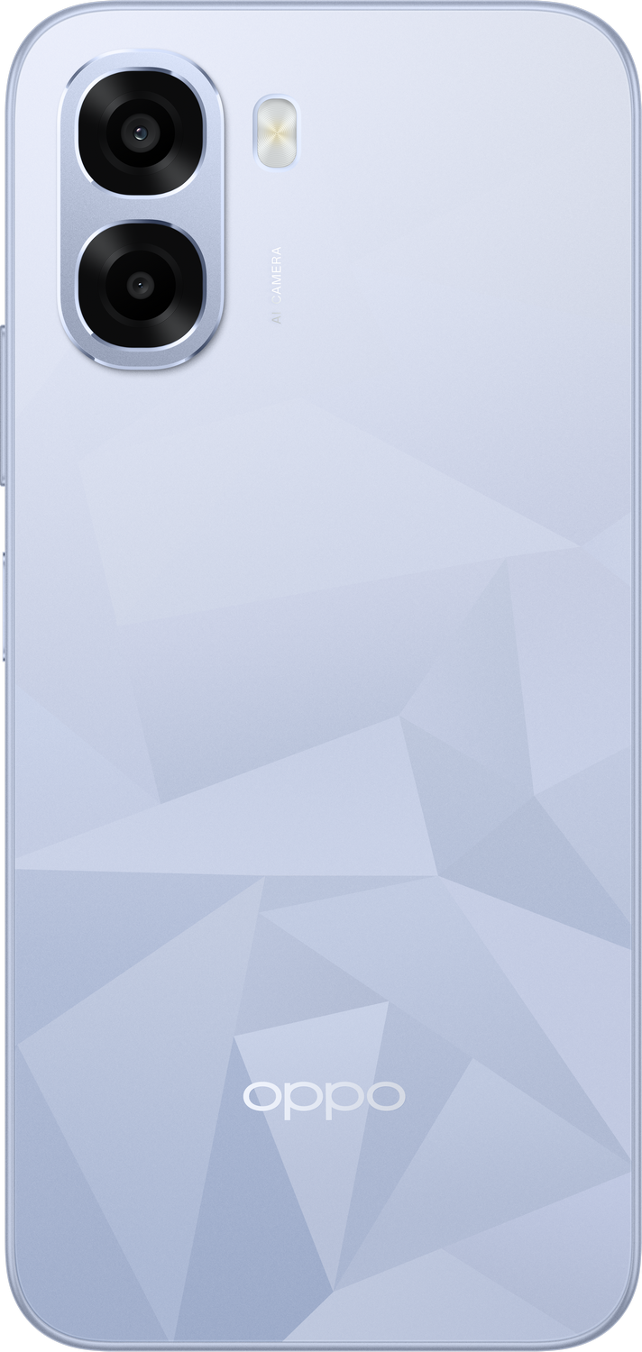 Parte trasera de un smartphone azul claro con dos cámaras y el logo de Oppo.