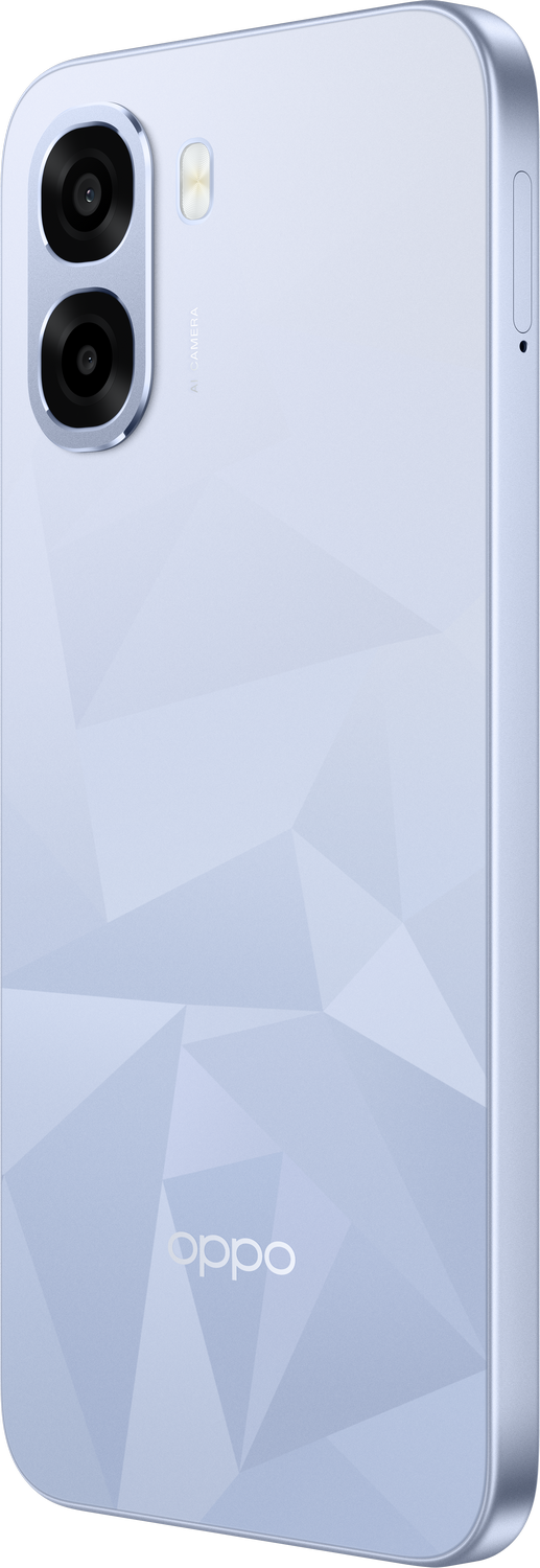 Parte trasera de un smartphone azul claro con patrón geométrico y doble cámara.