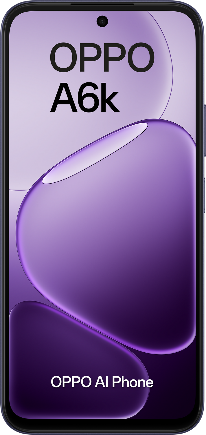 Un smartphone OPPO A6k con patrón de ondas moradas y texto.