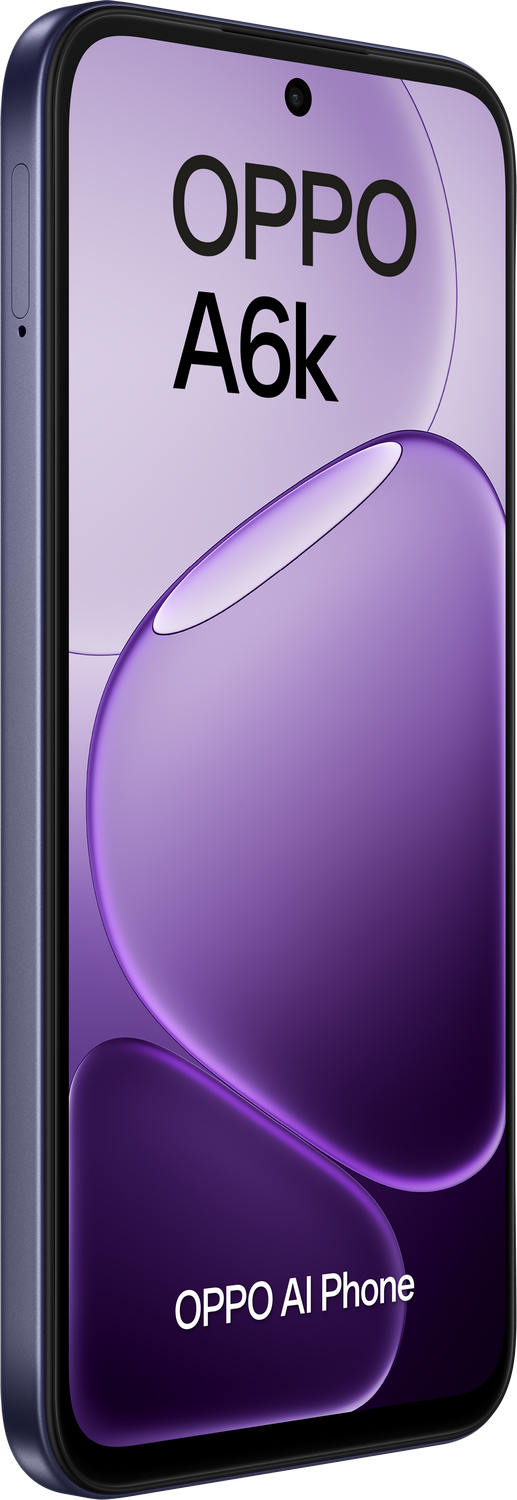 Un smartphone OPPO A6k morado con fondo simulado.