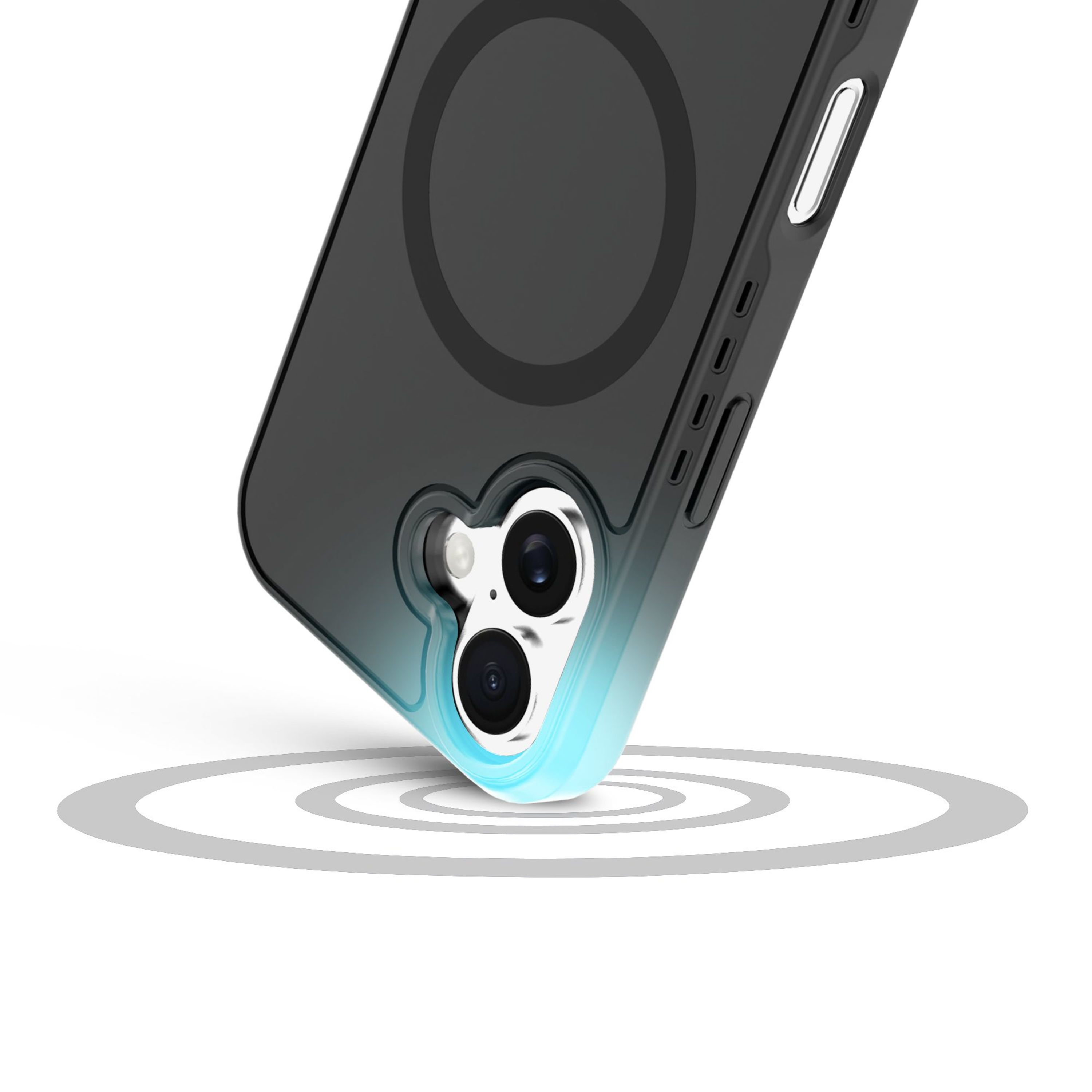 Beyaz arka plan üzerinde kamera kesimli siyah telefon kılıfı.