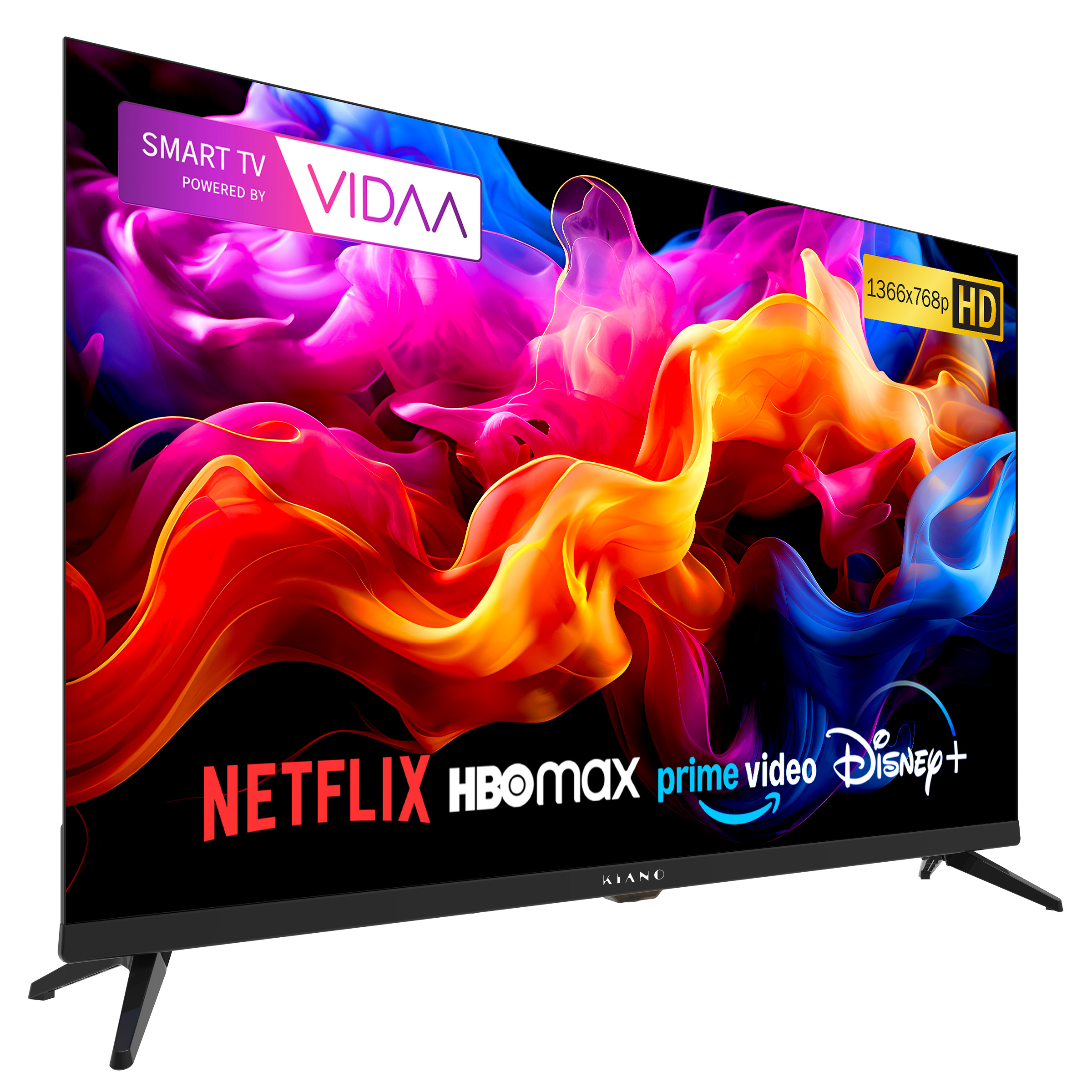 Czarny telewizor smart z żywym tłem i logotypami serwisów streamingowych.