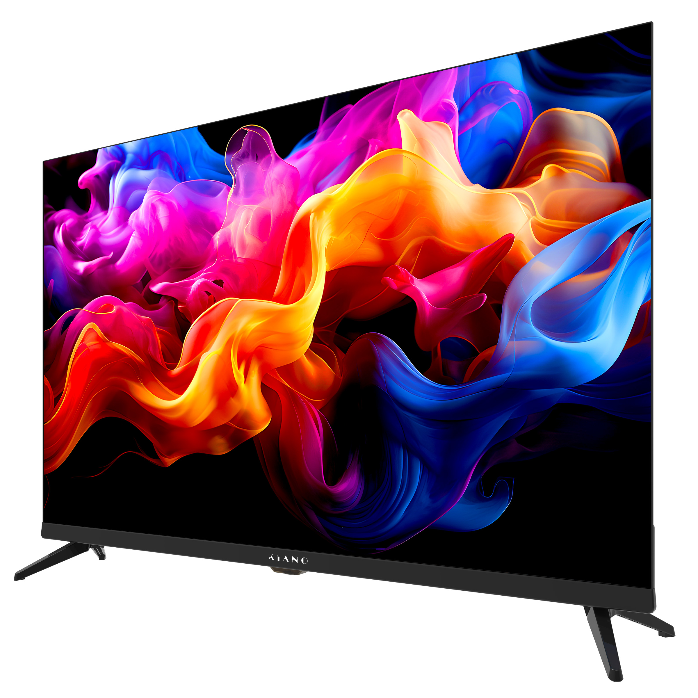 Nowoczesny telewizor z kolorowym, abstrakcyjnym tłem.