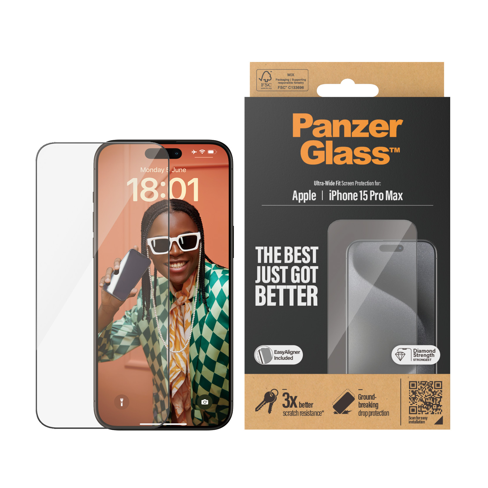 Folia ochronna Panzer Glass na ekran iPhone 15 Pro Max z aplikatorem.
