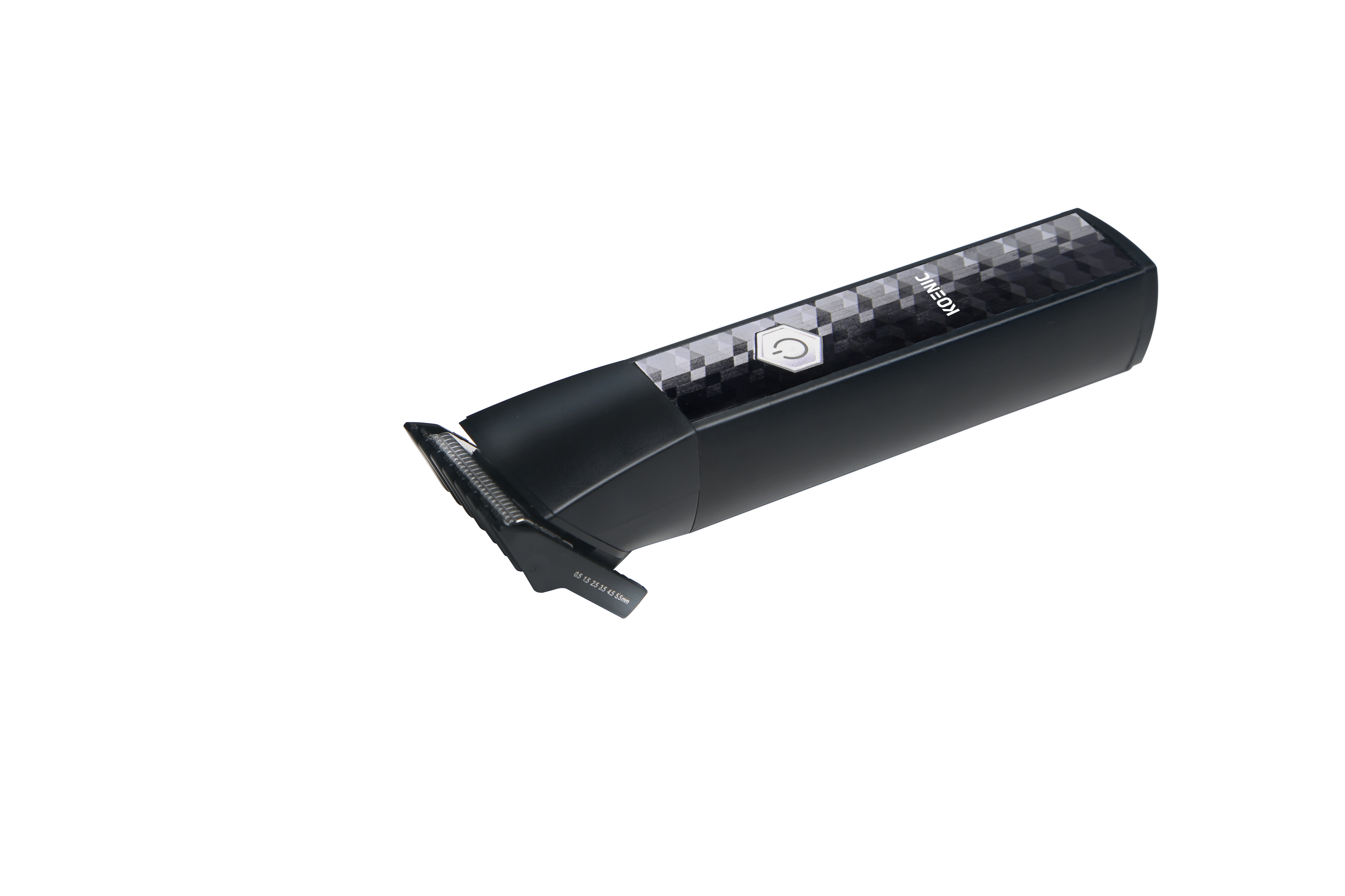 Czarna maszynka do strzyżenia włosów z srebrnymi akcentami i przyciskiem zasilania.