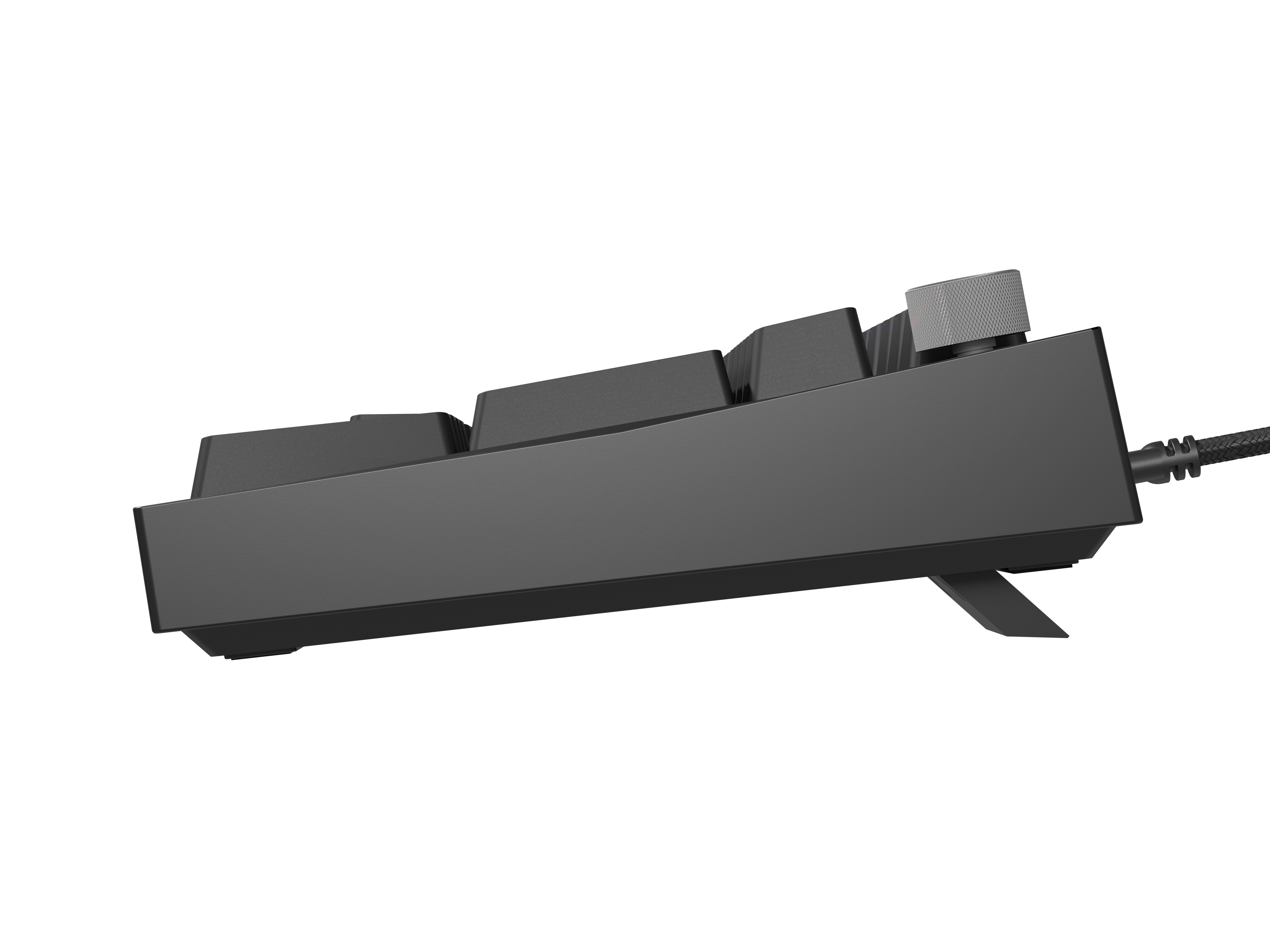 Szara klawiatura z pokrętłem i kablem, widok z boku.