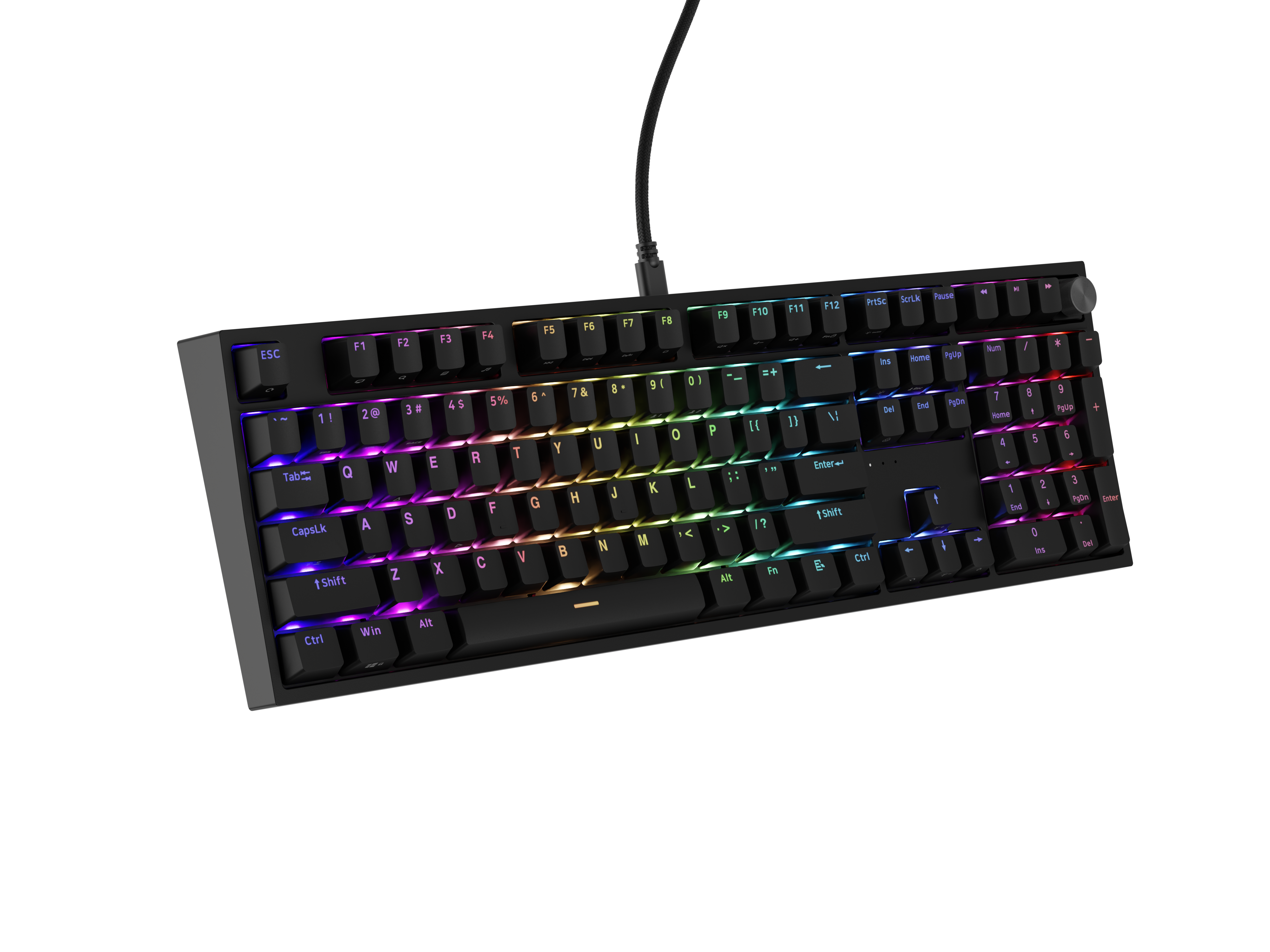 Czarna klawiatura z podświetleniem RGB, na czarnym tle.