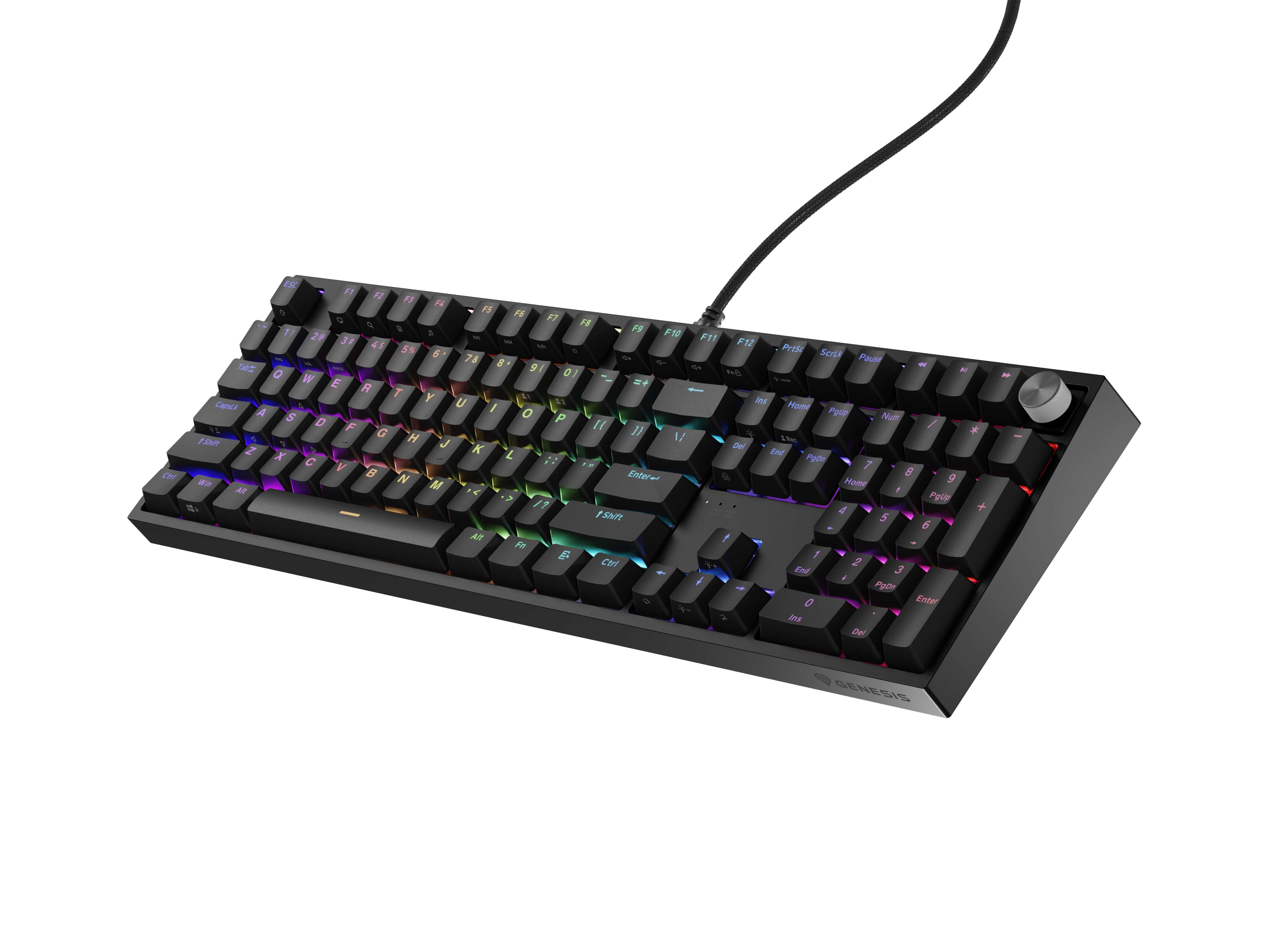 Czarna klawiatura gamingowa z podświetleniem RGB i pokrętłem.