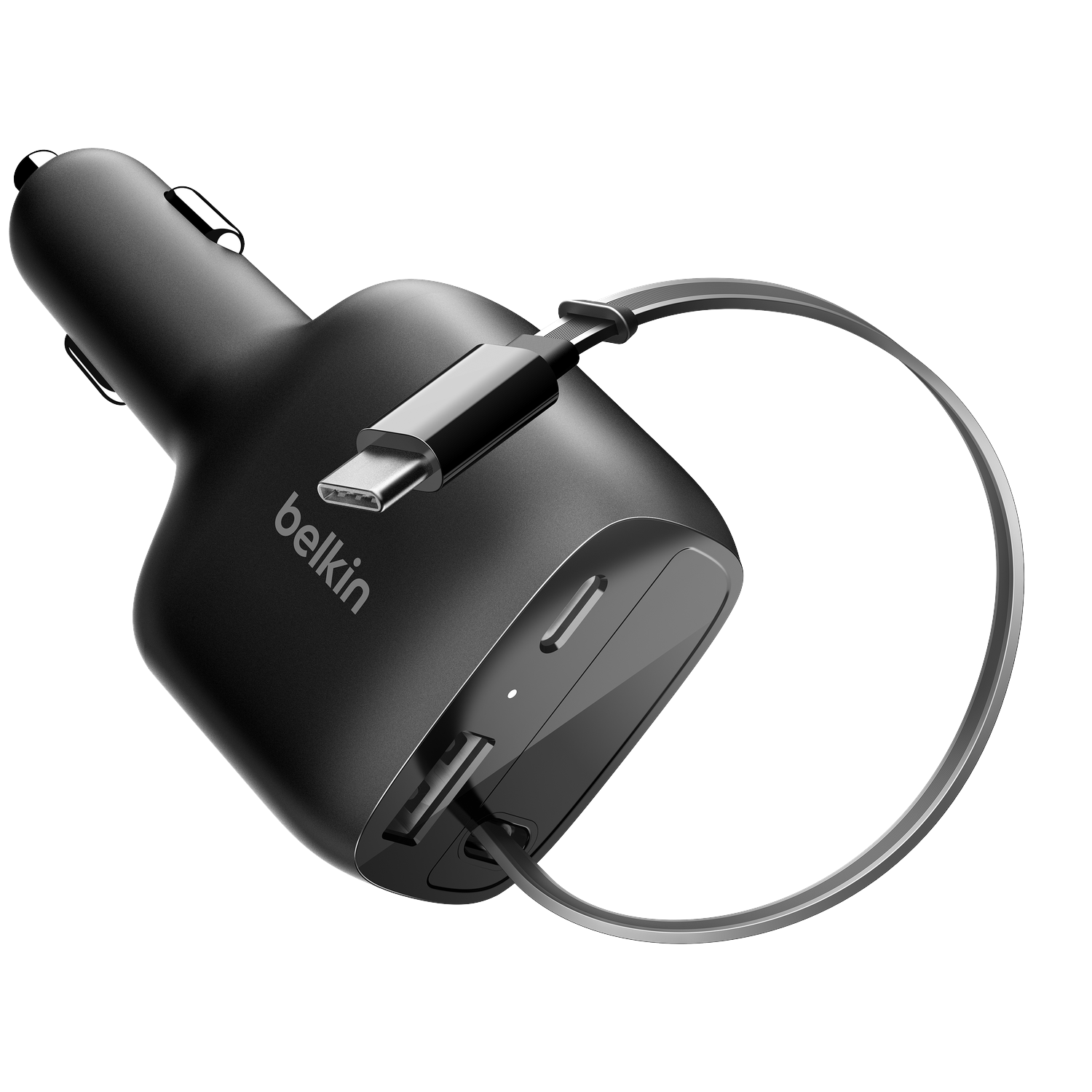 Black Belkin car charger with USB-C and USB-A ports.