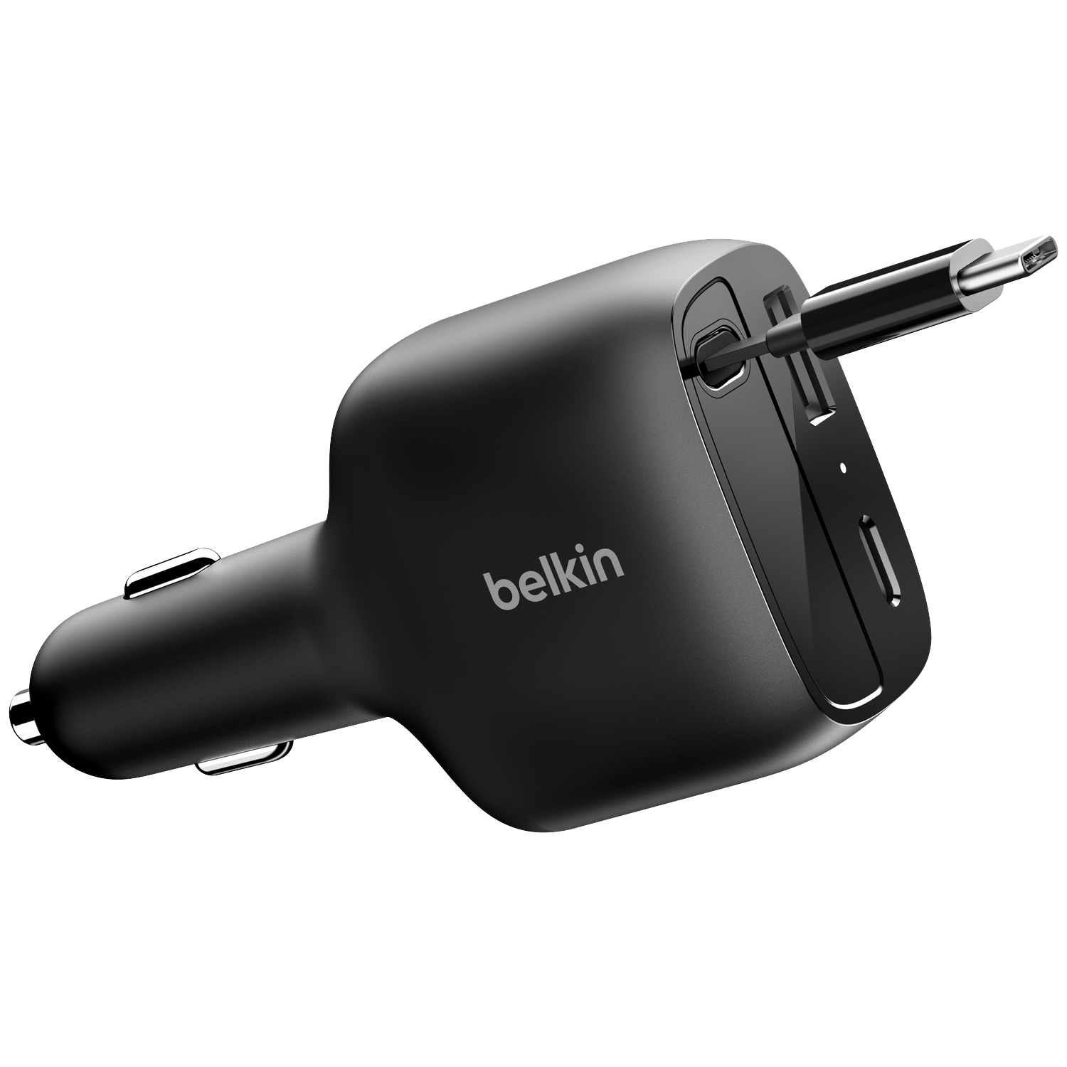 Black Belkin car charger with two USB ports and a USB-C cable.