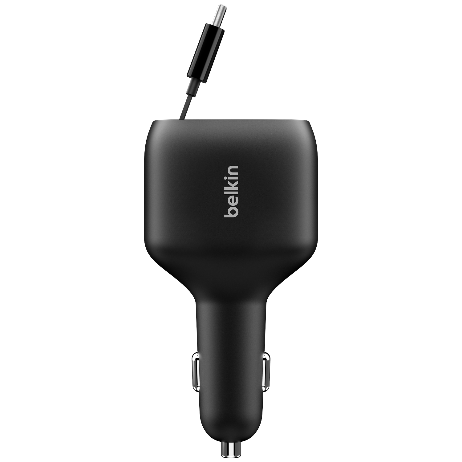 Black Belkin car charger with USB-C cable attached.