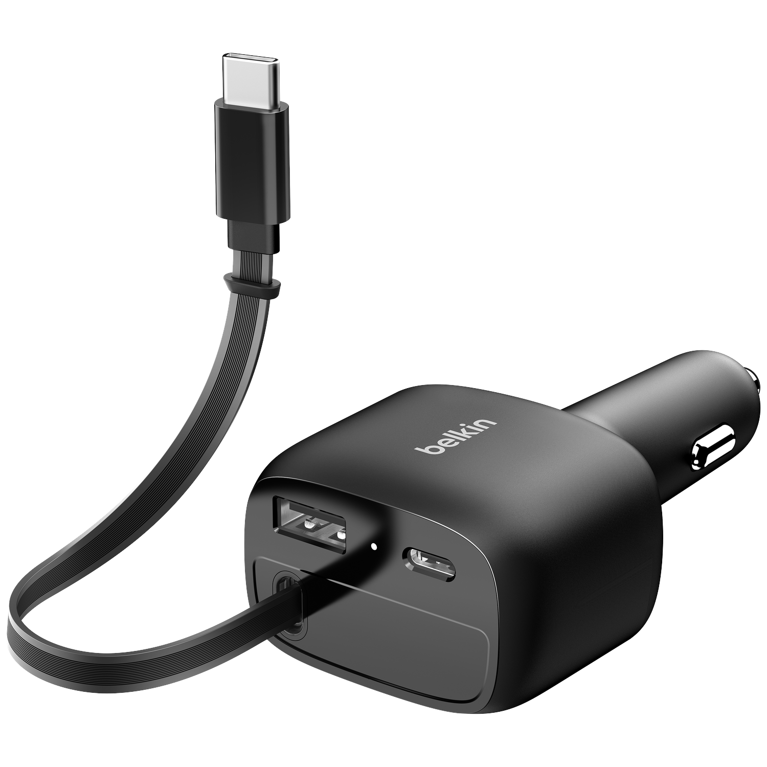 A black Belkin car charger with USB-A and USB-C ports, and a USB-C cable attached.
