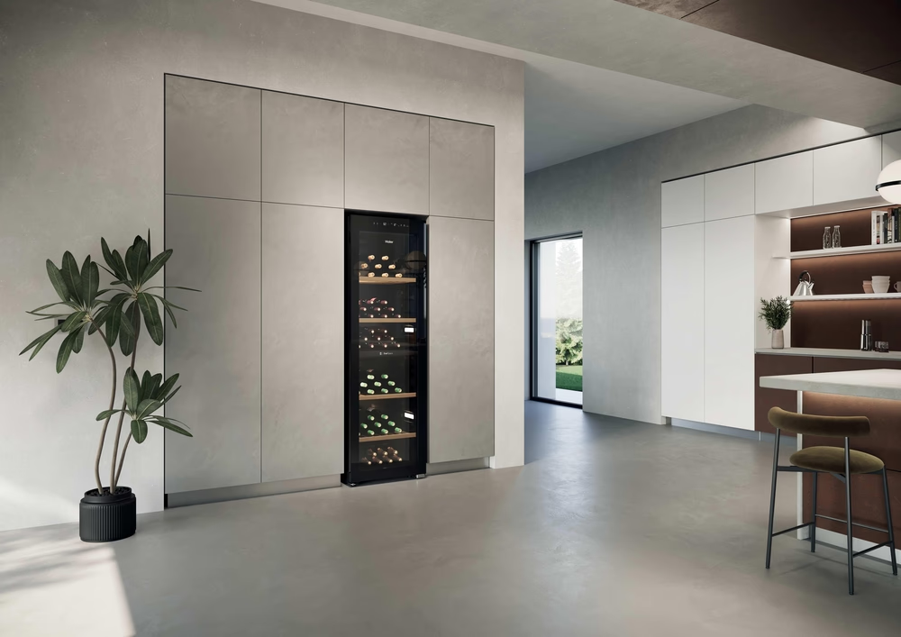 Ein moderner Weinkühlschrank steht neben einer Topfpflanze in einer minimalistischen Küche.