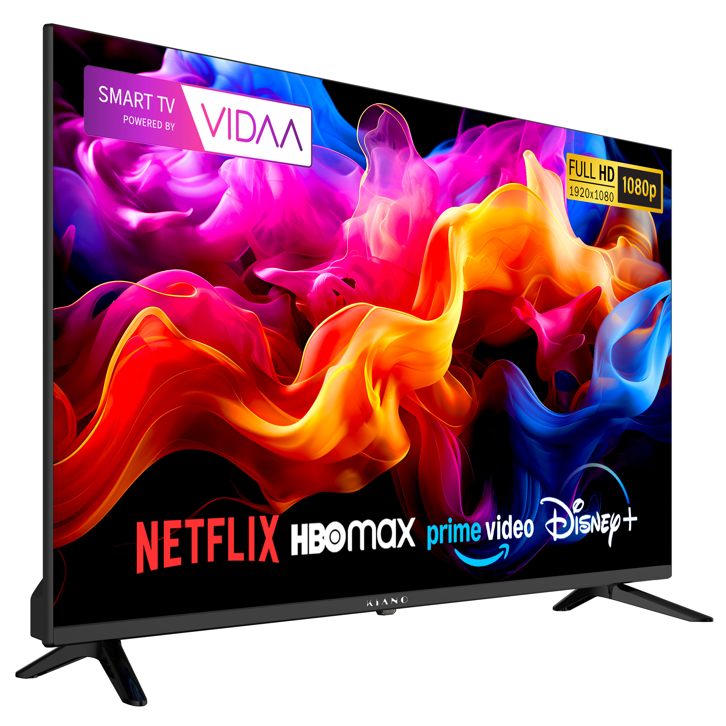 Smart TV w rozdzielczości Full HD wyświetla kolorowe wzory dymu i loga streamingowe.