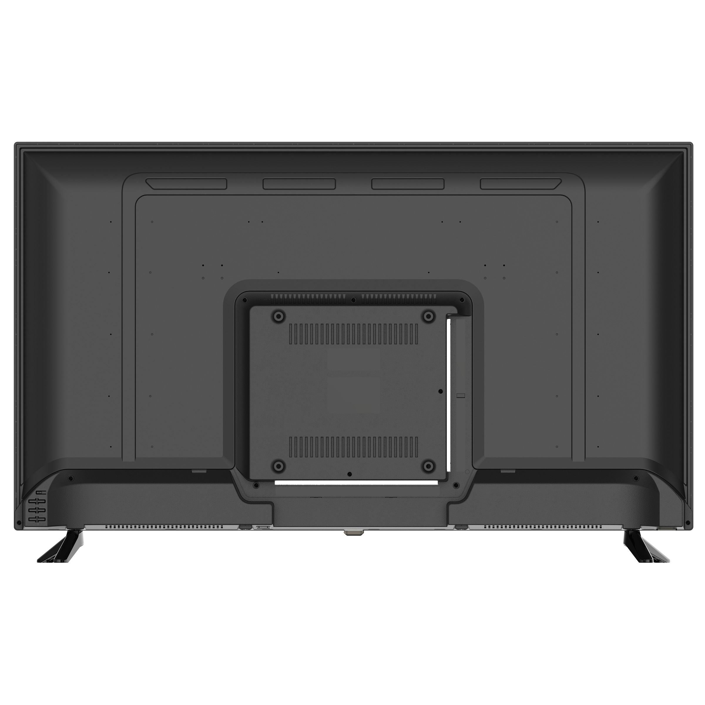 Widok z tyłu czarnego telewizora z portami i podstawkami.