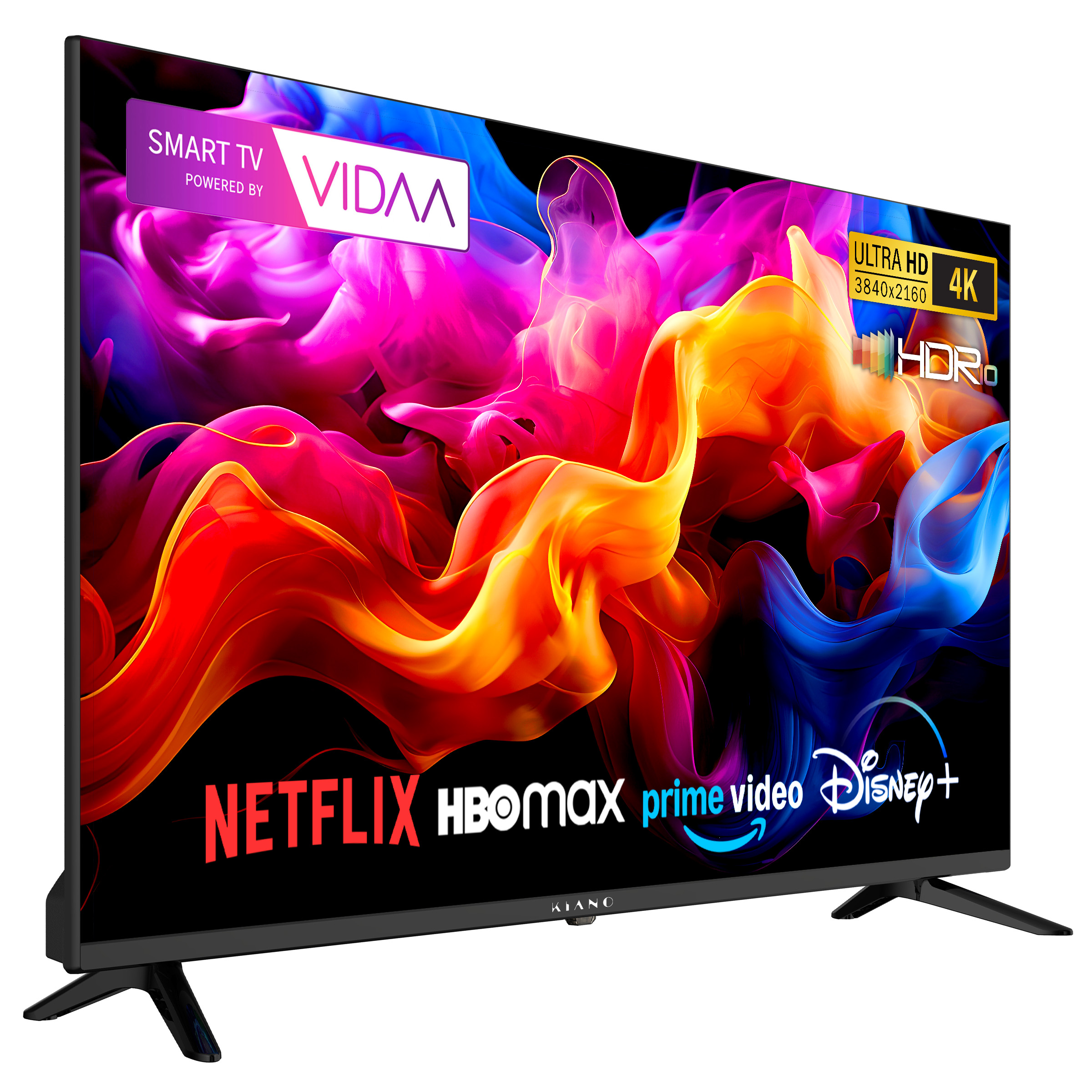 Smart TV 4K HDR wyświetla kolorowe, płynne wzory i loga aplikacji.