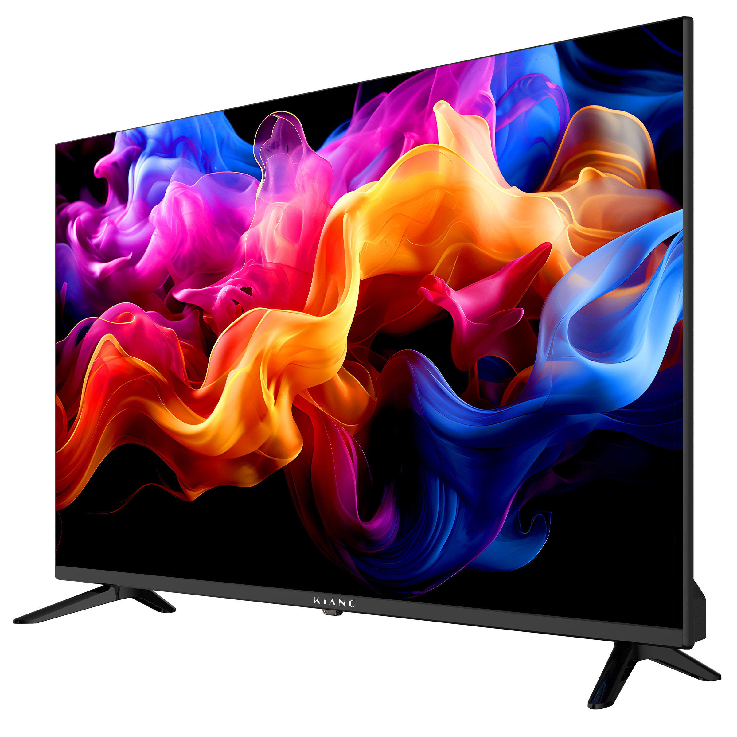 Czarny telewizor wyświetlający kolorowe, przypominające dym wzory.