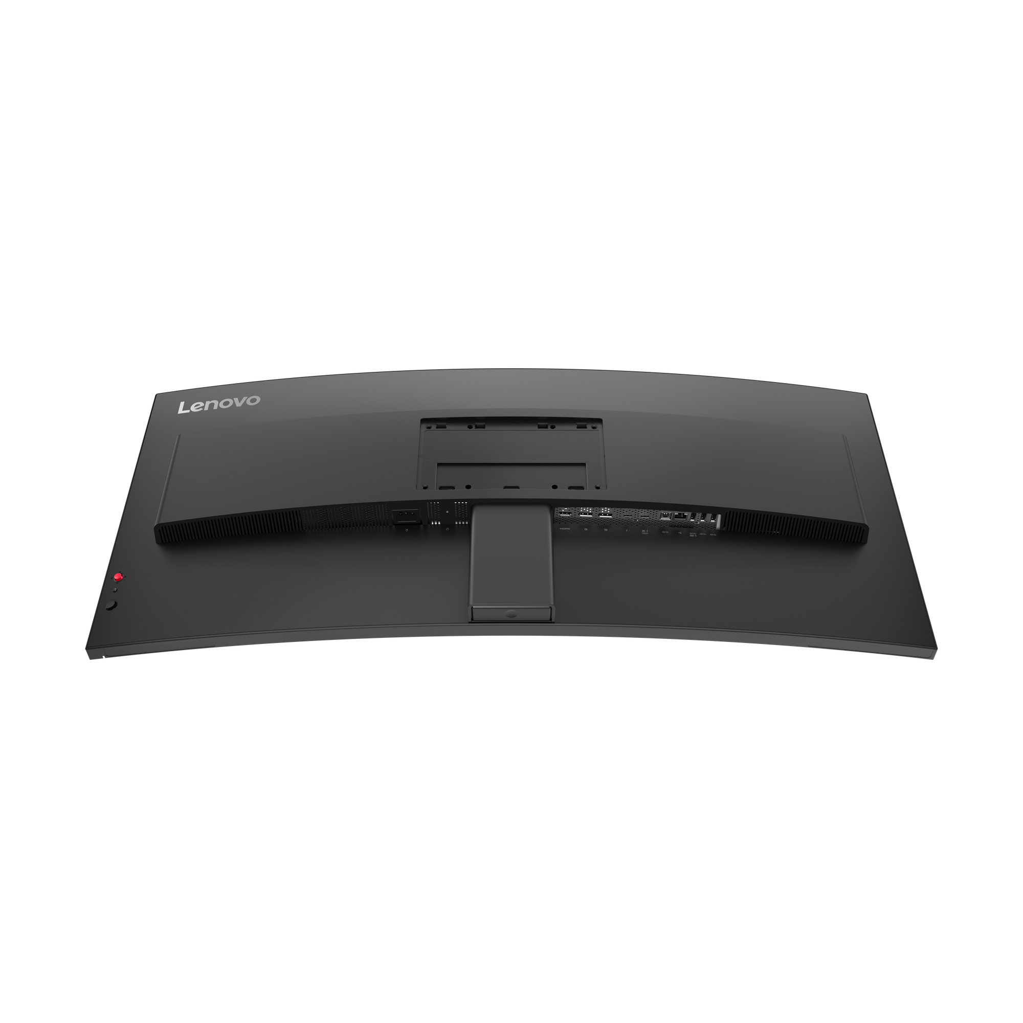 Rückseite eines Lenovo Monitors mit Anschlüssen und einem roten Knopf.