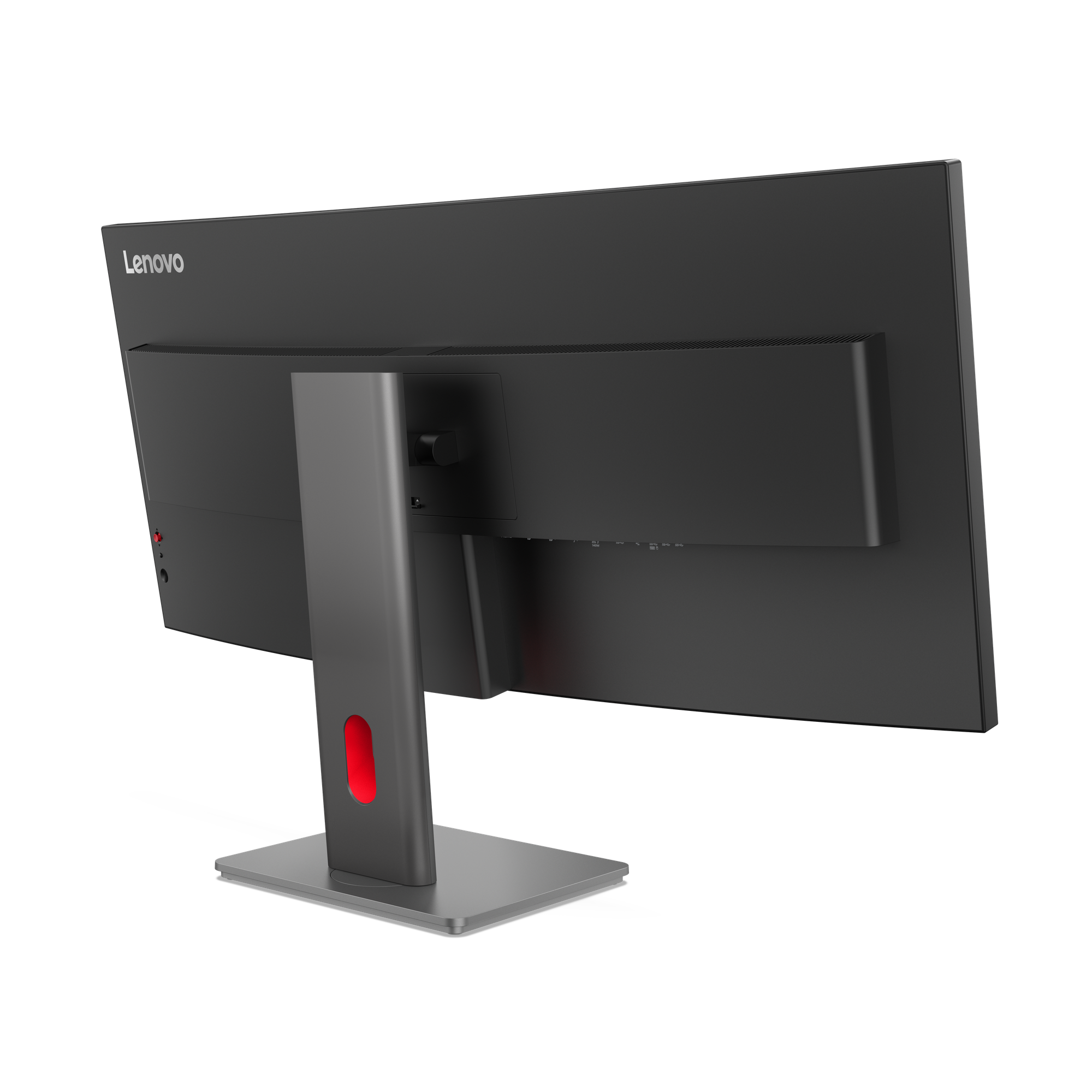 Rückseite eines schwarzen Lenovo Monitors mit silbernem Standfuß und roter Akzentbeleuchtung.