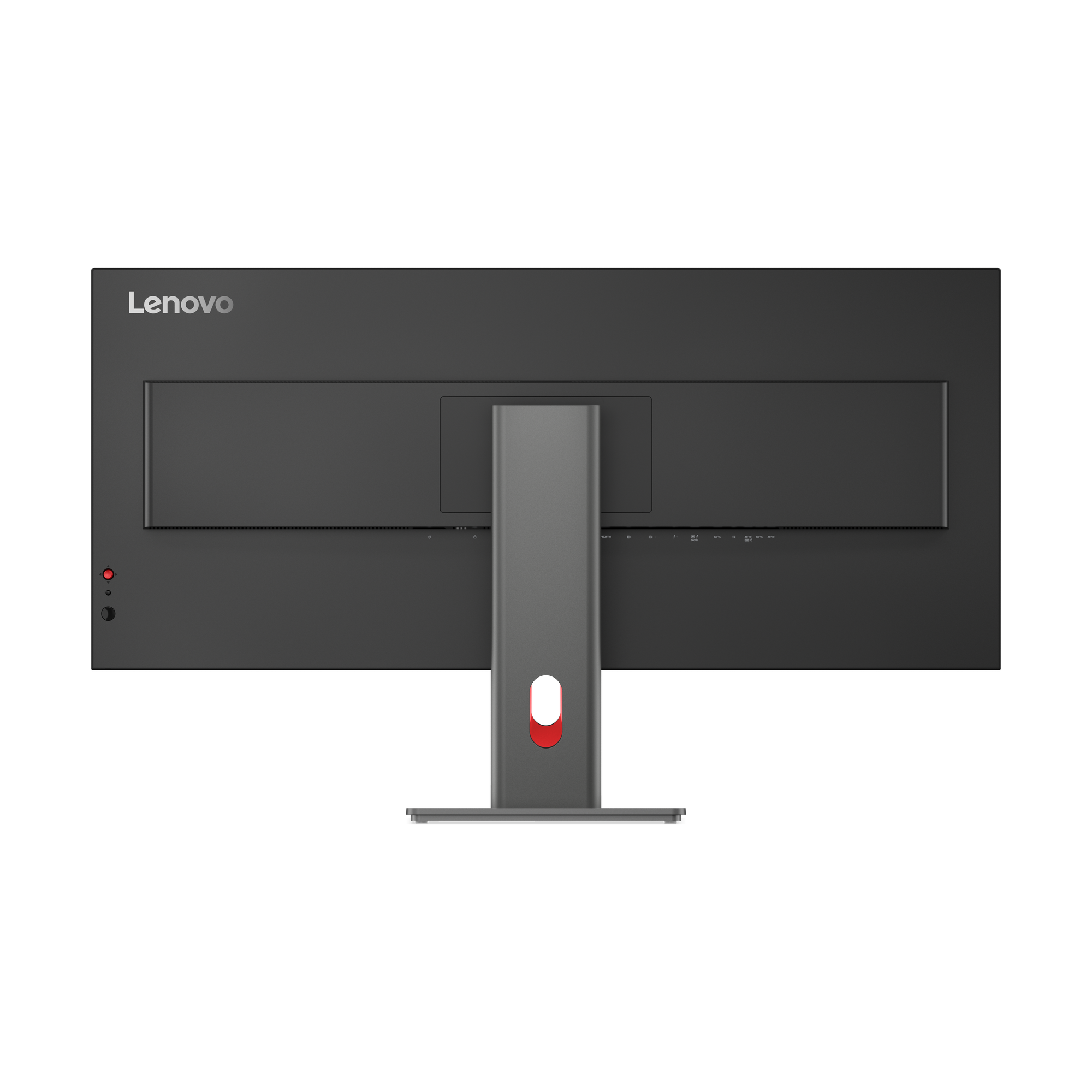 Rückseite eines Lenovo Monitors mit Anschlüssen und silbernem Standfuß.
