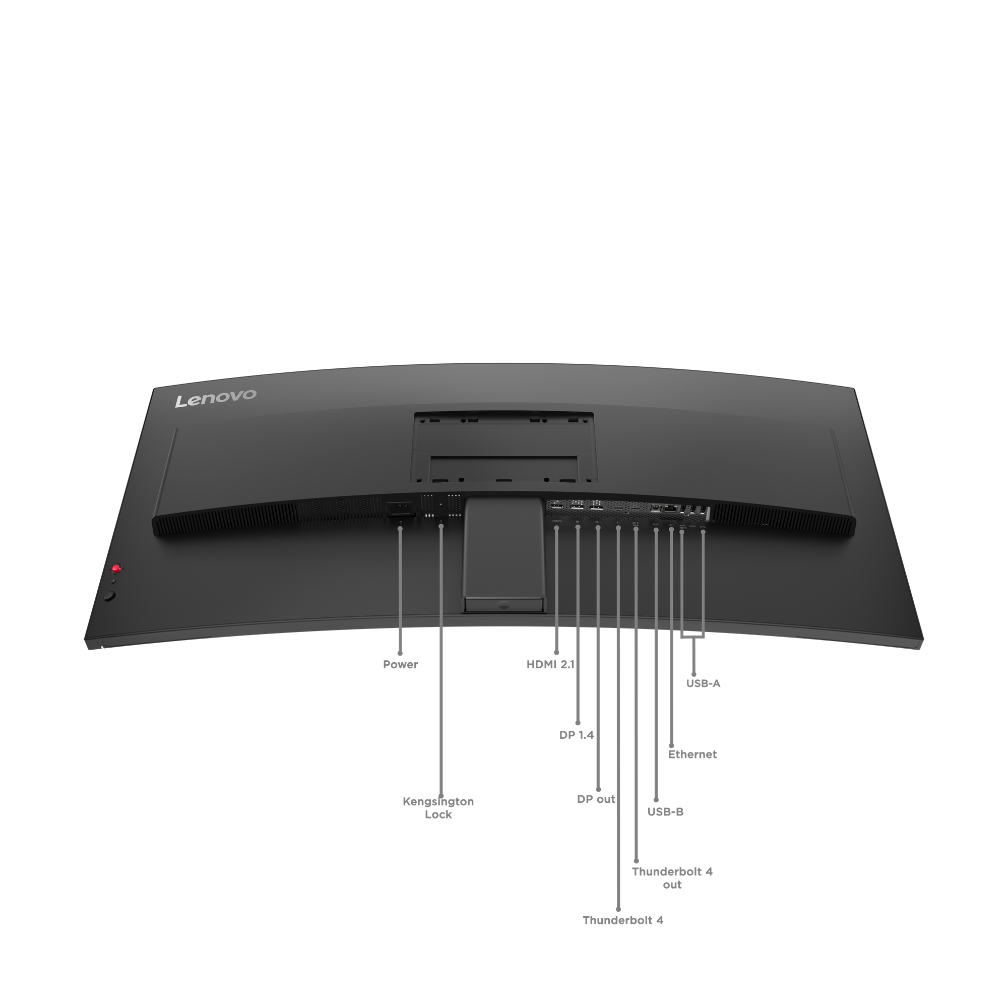 Rückseite eines Lenovo Monitors mit Anschlüssen: Power, Kensington Lock, HDMI 2.1, DP 1.4, DP out, USB-A, Ethernet, USB-B, Thunderbolt 4.