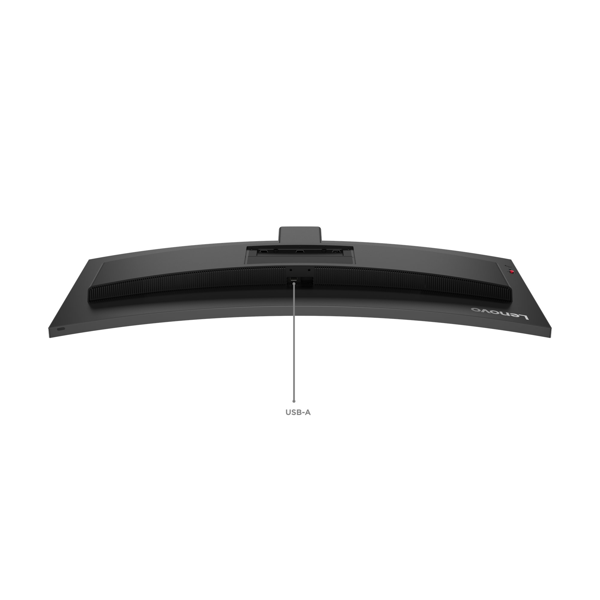 Rückseite eines gebogenen Monitors mit Anschlüssen und Lenovo-Logo.