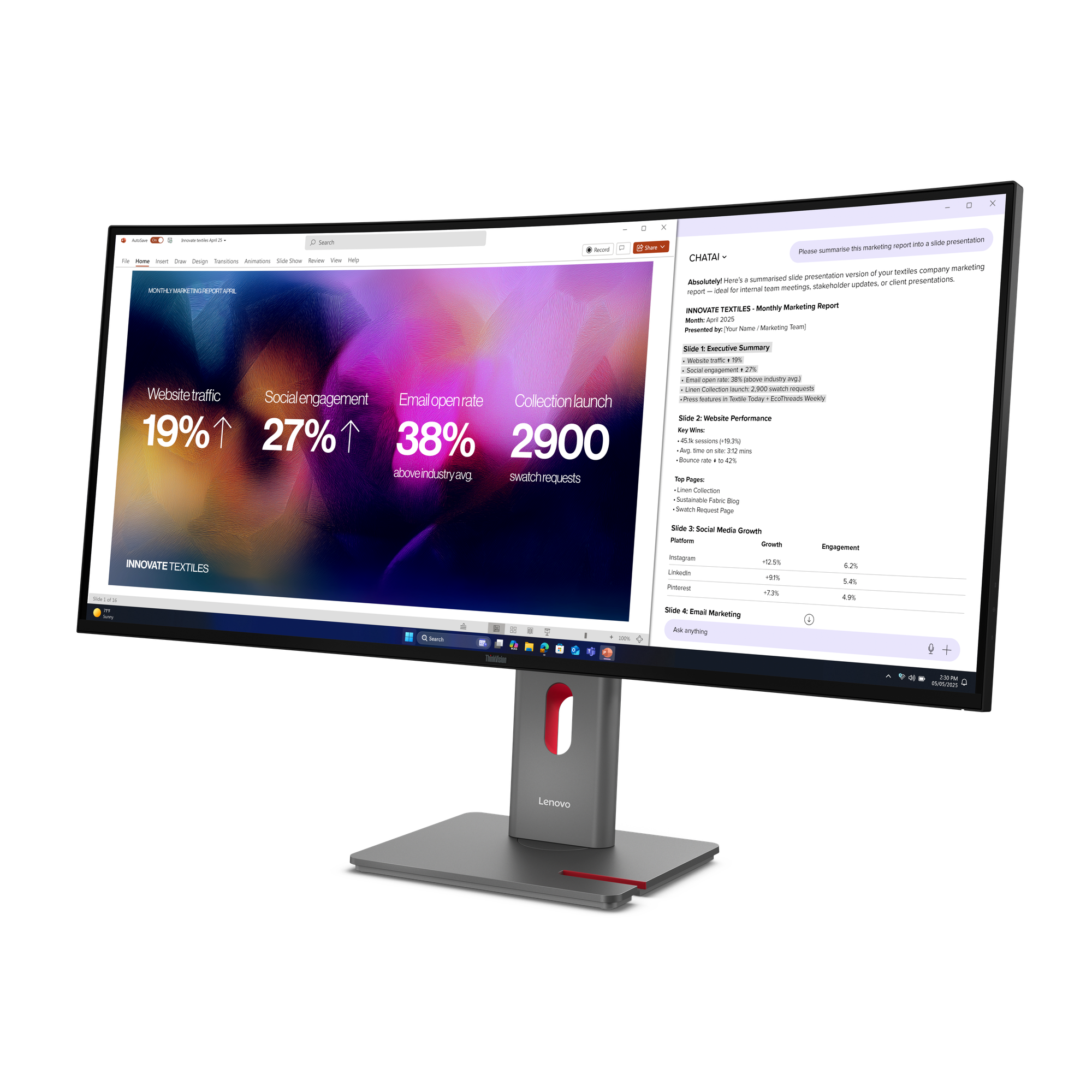 Ein Marketingbericht auf einem Laptop-Bildschirm mit Grafiken zu Website-Traffic und Social Media.