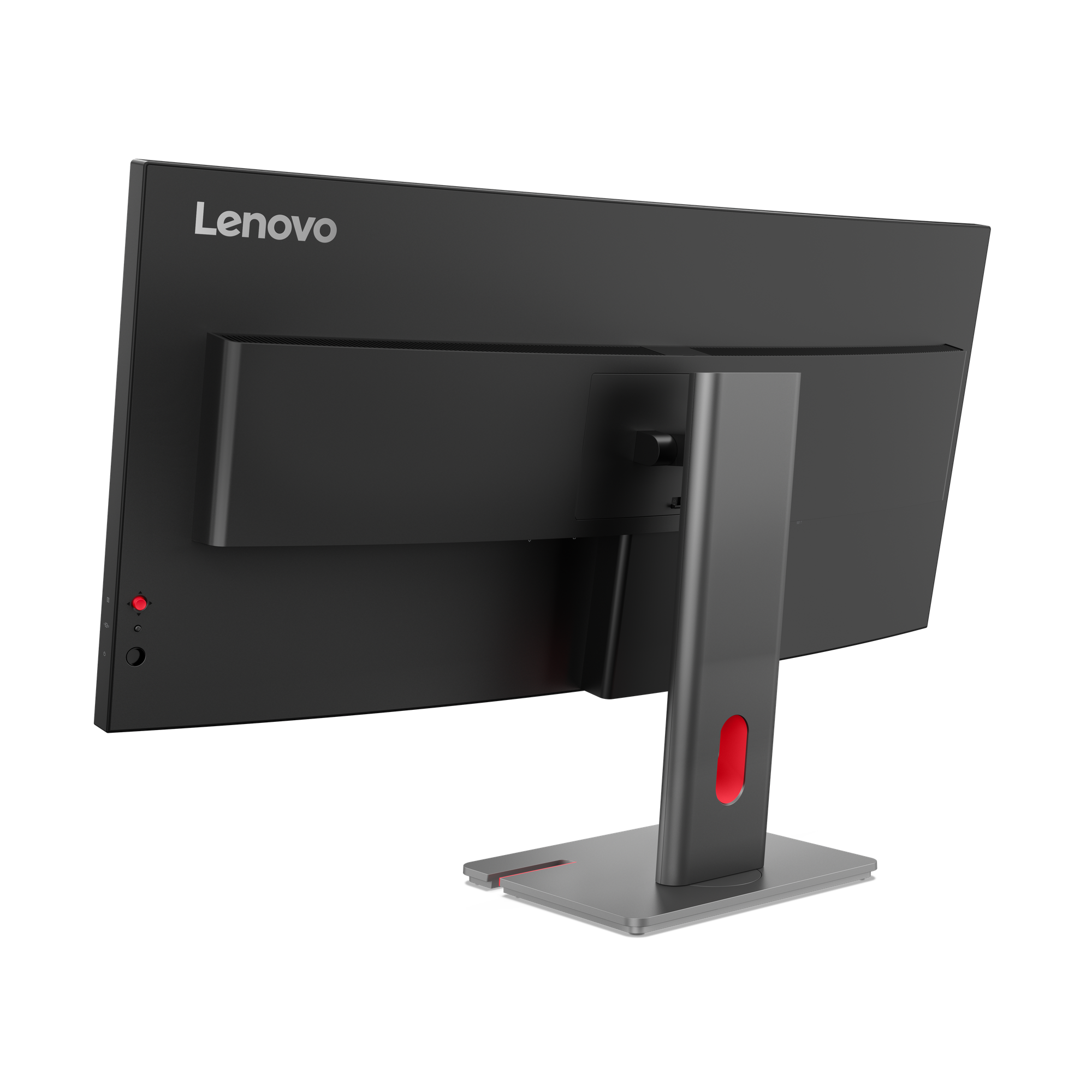 Rückseite eines schwarzen Lenovo Monitors mit silbernem Standfuß und roten Akzenten.