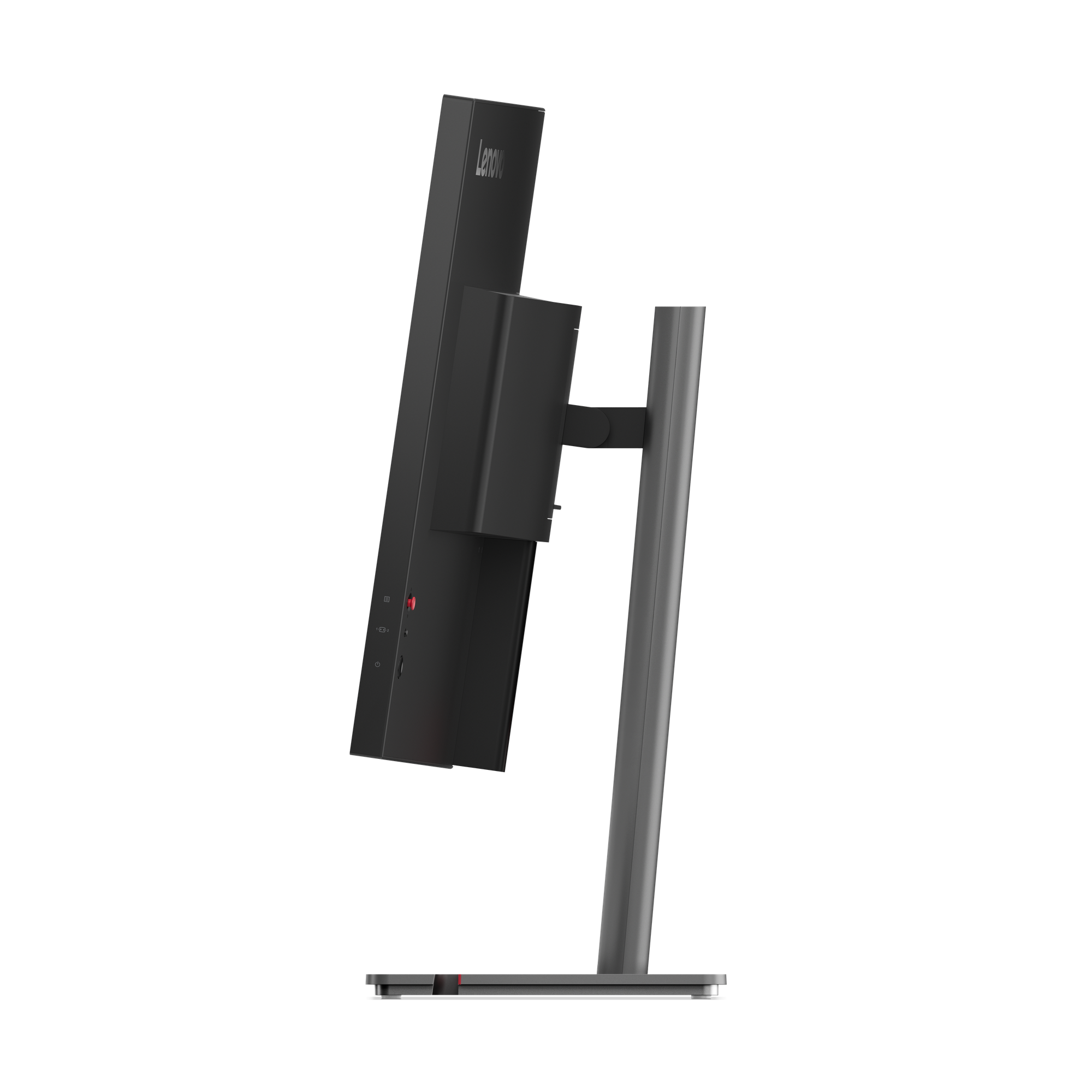 Schwarzer Lenovo Monitor von der Seite mit silbernem Standfuß und Anschlüssen.