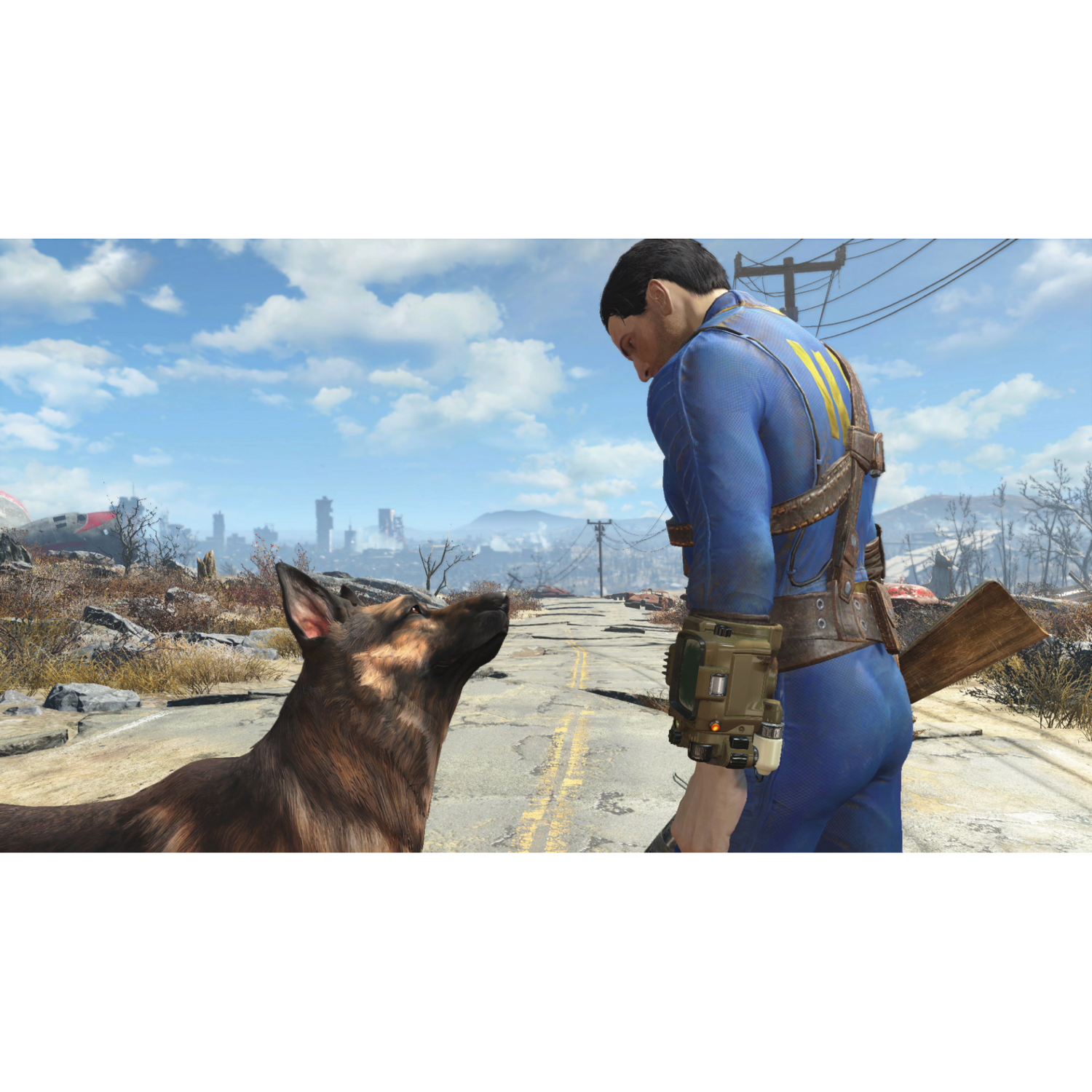 A man in a blue jumpsuit and a dog stand on a road in a post-apocalyptic city.