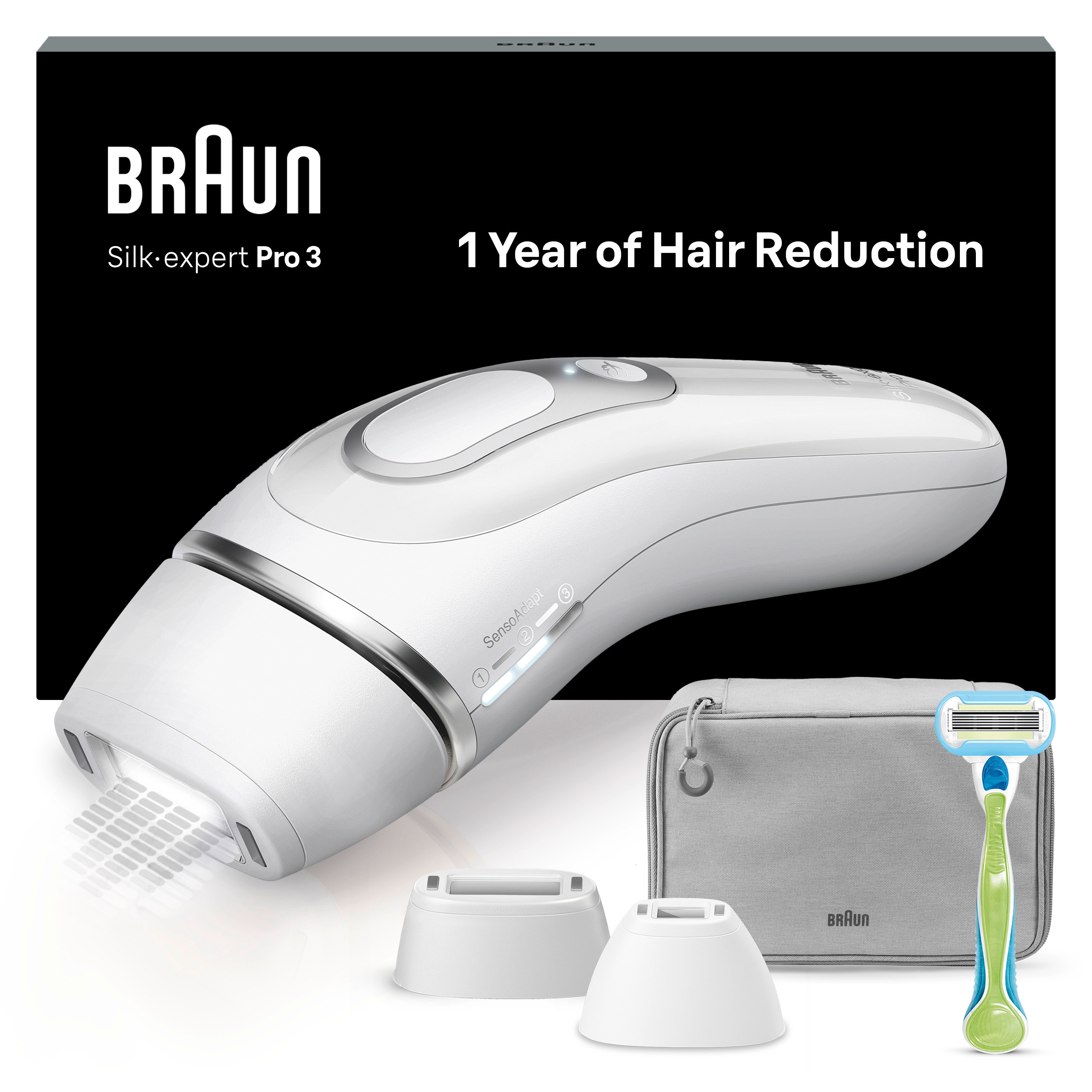 Ein weißer Braun Silk-expert Pro 3 IPL-Haarentferner mit Zubehör und Rasierer.