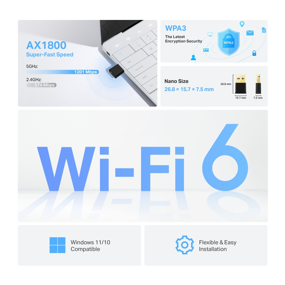 Adattatore AX1800 Wi-Fi 6: 1201 Mbps (5GHz), 574 Mbps (2.4GHz), sicurezza WPA3.