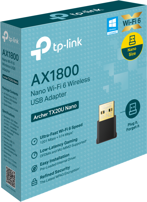 Confezione adattatore USB TP-Link AX1800 Nano Wi-Fi 6 con illustrazione.