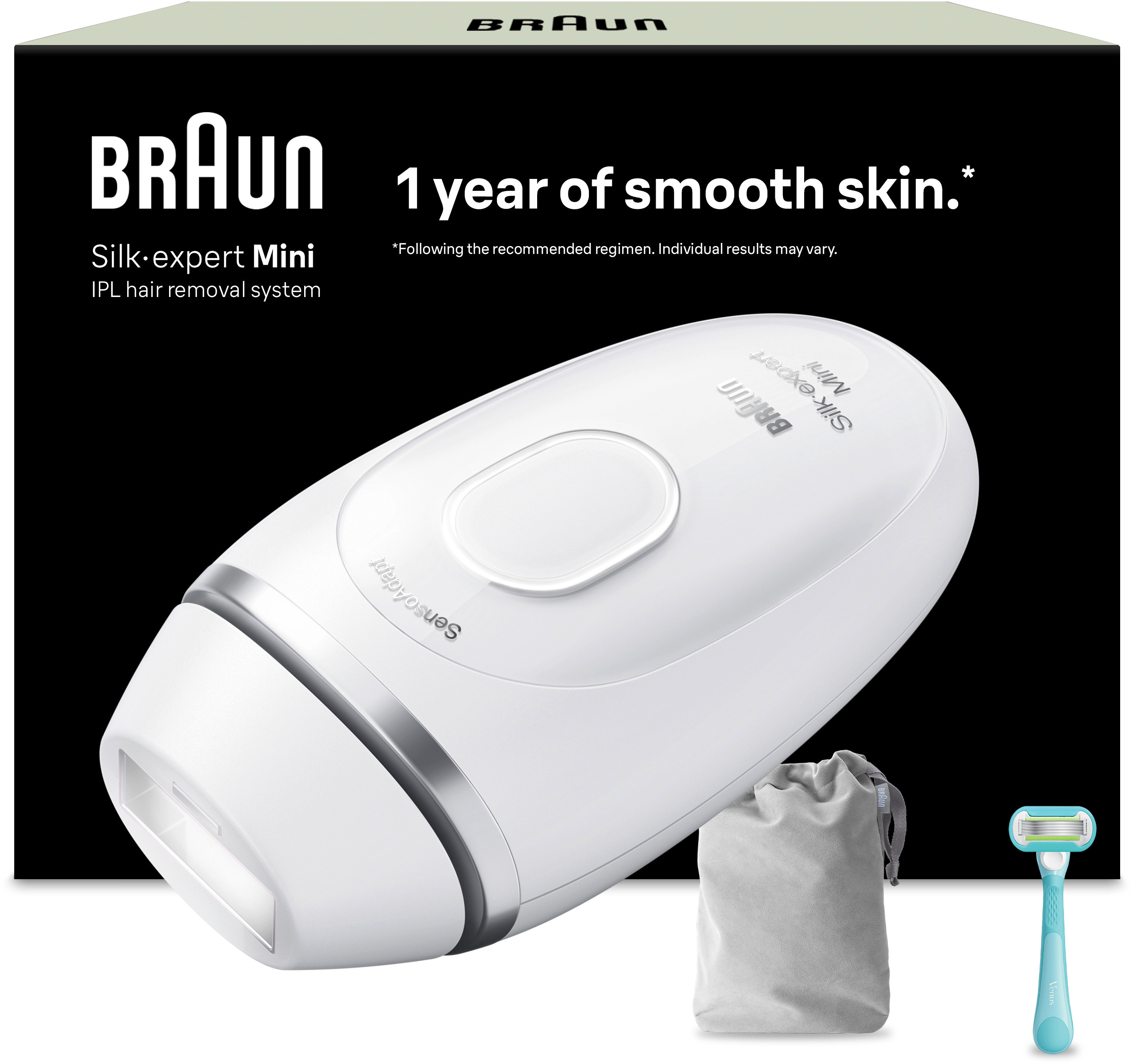 Un appareil d'épilation IPL Braun blanc avec accessoires et rasoir.