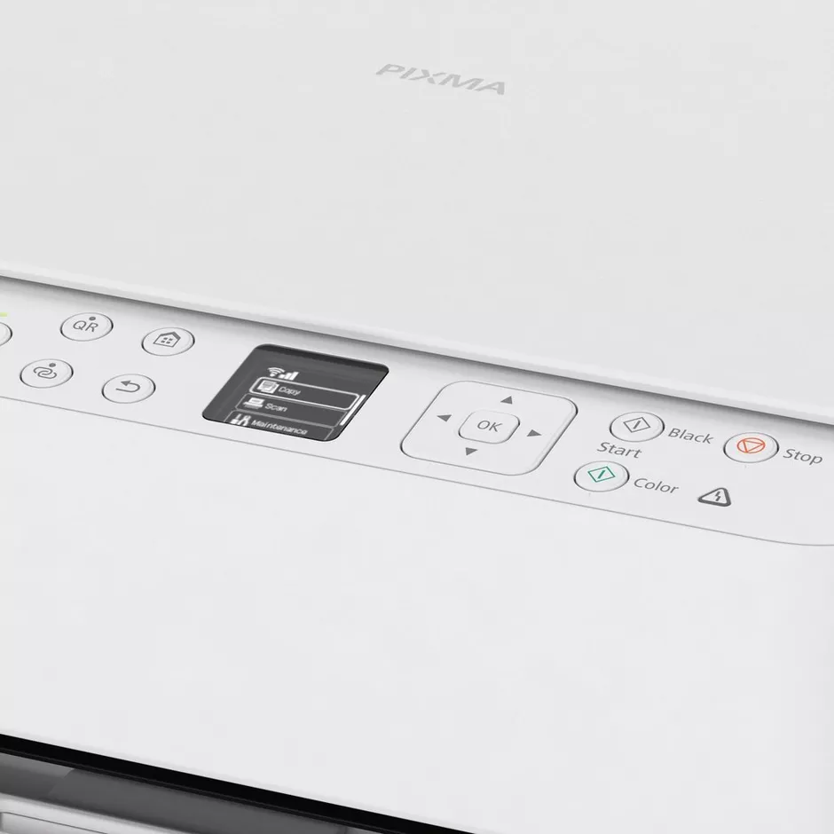 Primo piano di una stampante PIXMA bianca, che mostra il piccolo schermo LCD e i pulsanti.