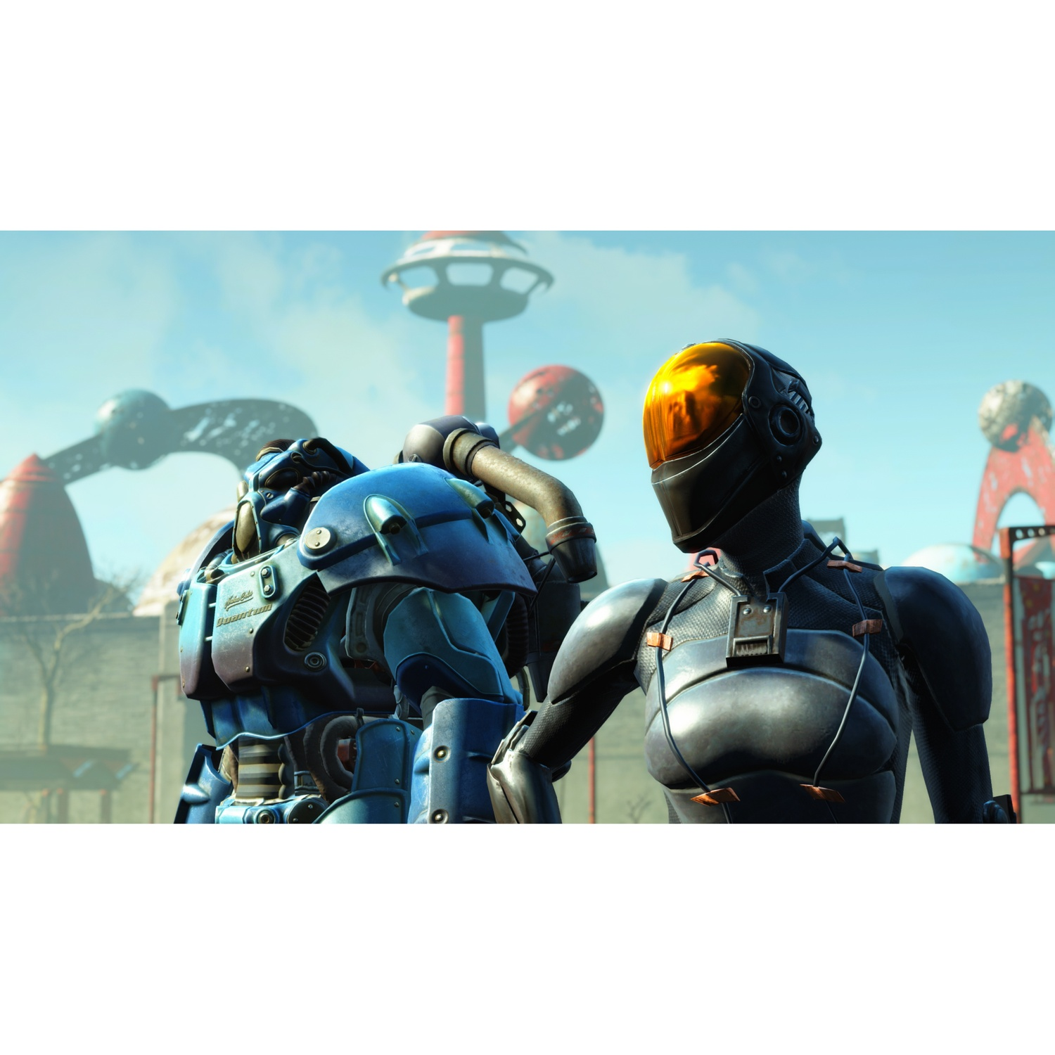 Twee figuren in futuristische bepantsering staan buiten. Eén is blauw, de ander zwart met gouden vizier.