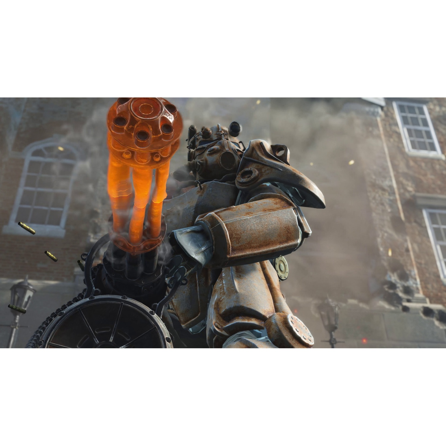 Een soldaat in zware bepantsering vuurt een Gatling gun af met oranje rook.